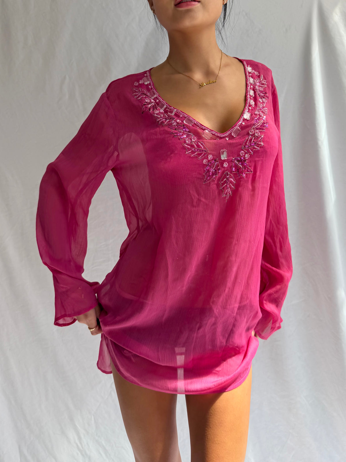 Vintage sheer pink embellished mini dress top