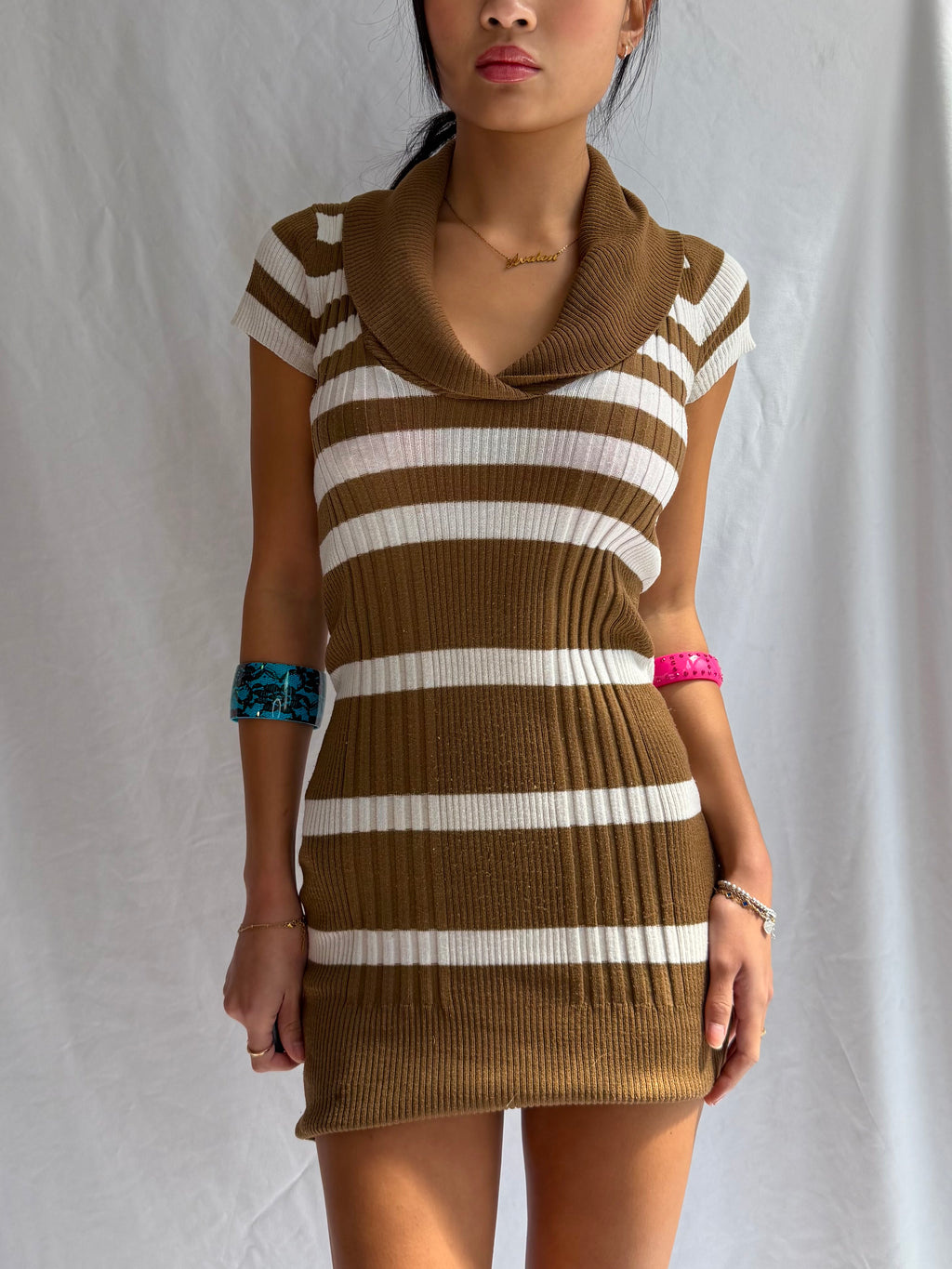 Vintage brown striped sweater mini dress