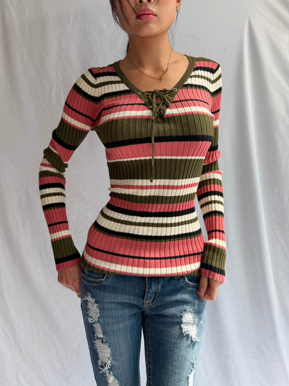 Vintage lace up fitted sweater
