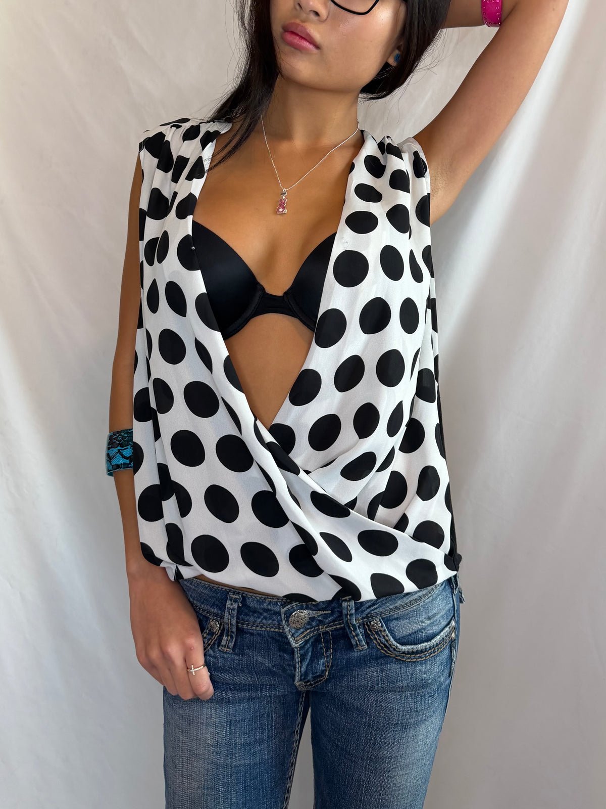 Vintage low draped polka dot top