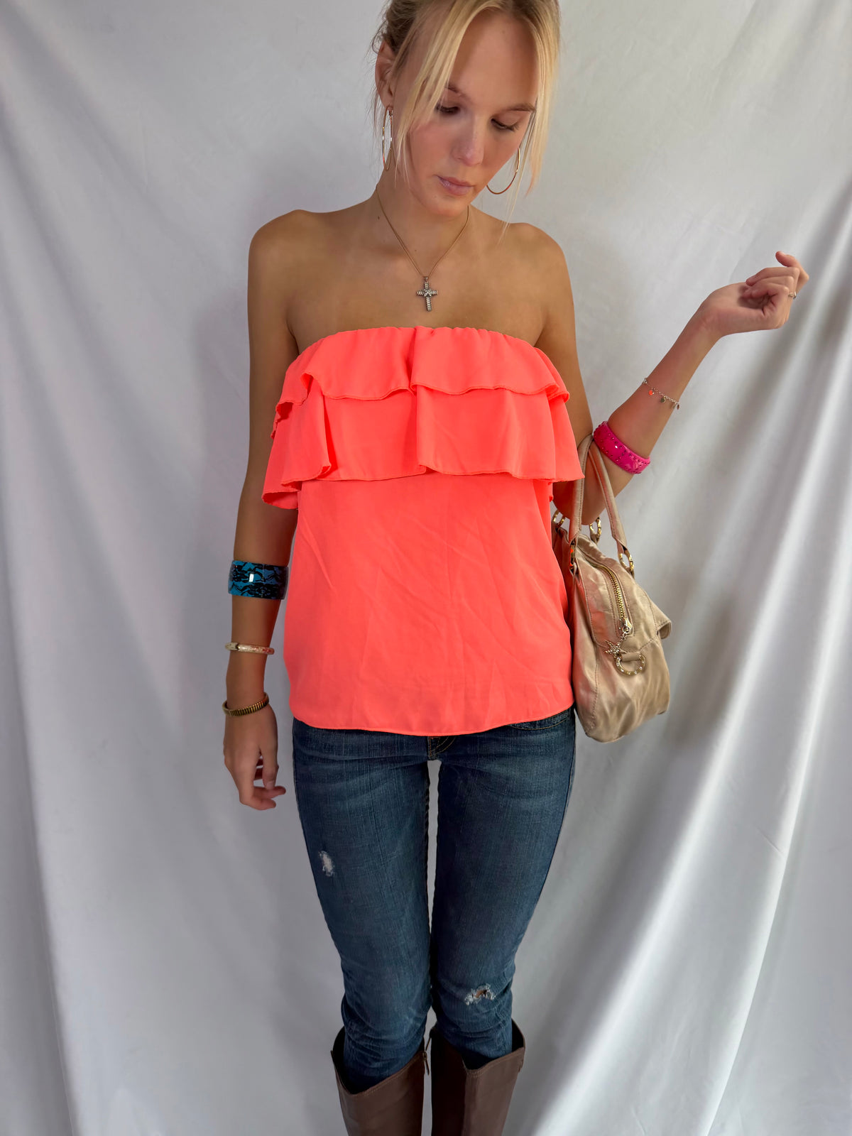 Vintage neon strapless ruffle top