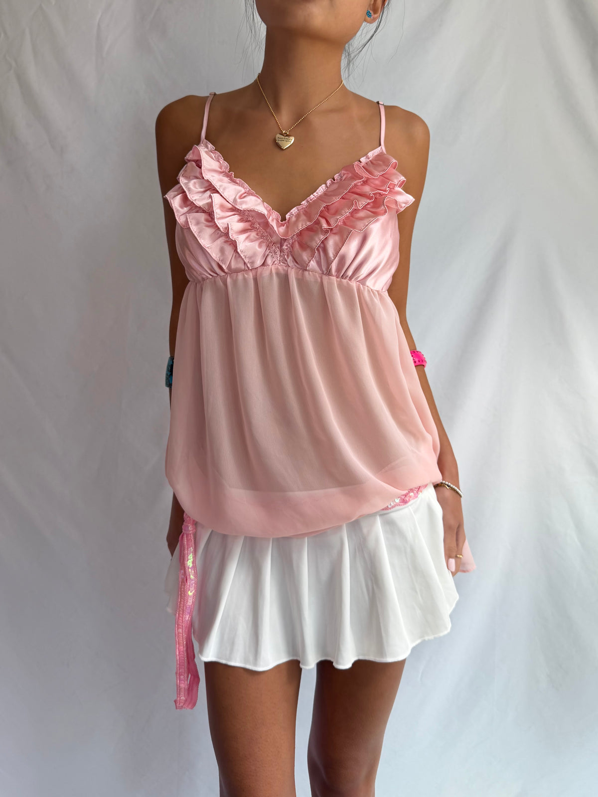 Vintage pink ruffle babydoll cami top