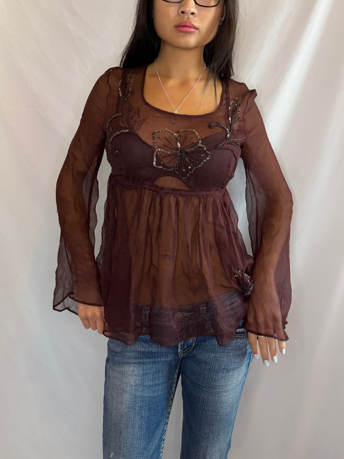 Vintage brown sheer babydoll top