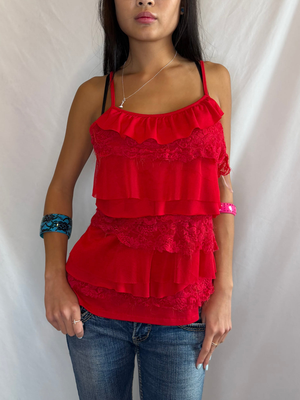 Vintage red lace ruffle tank top