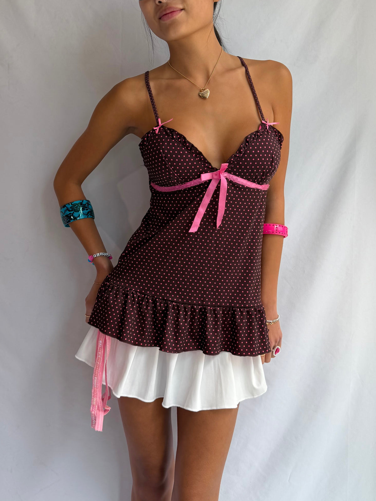 Vintage pink polka dot babydoll cami top