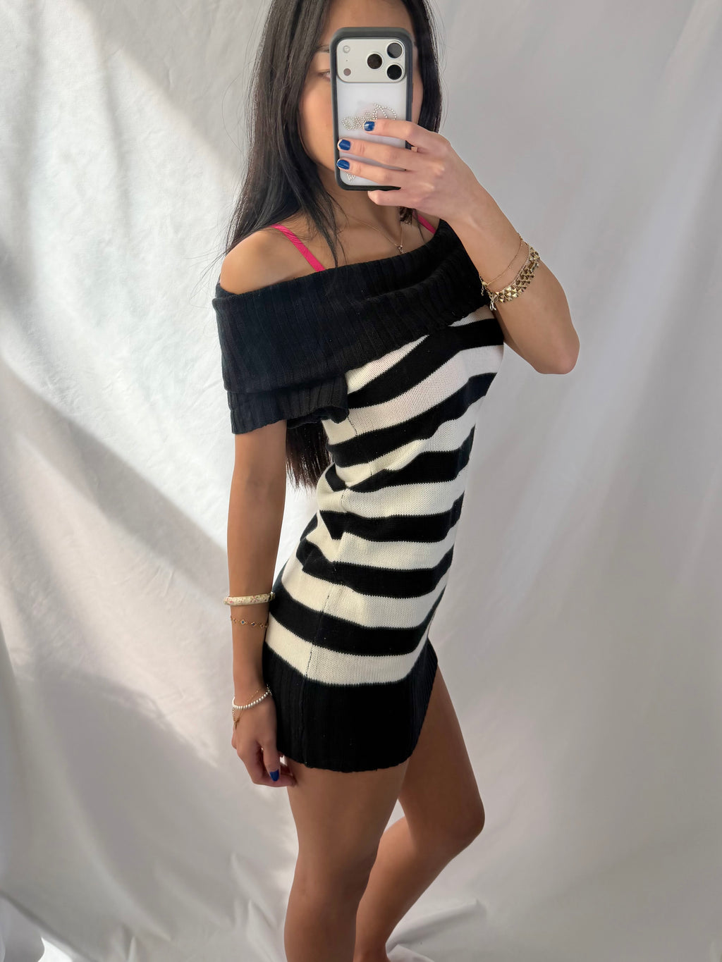 Vintage black & white striped sweater mini dress