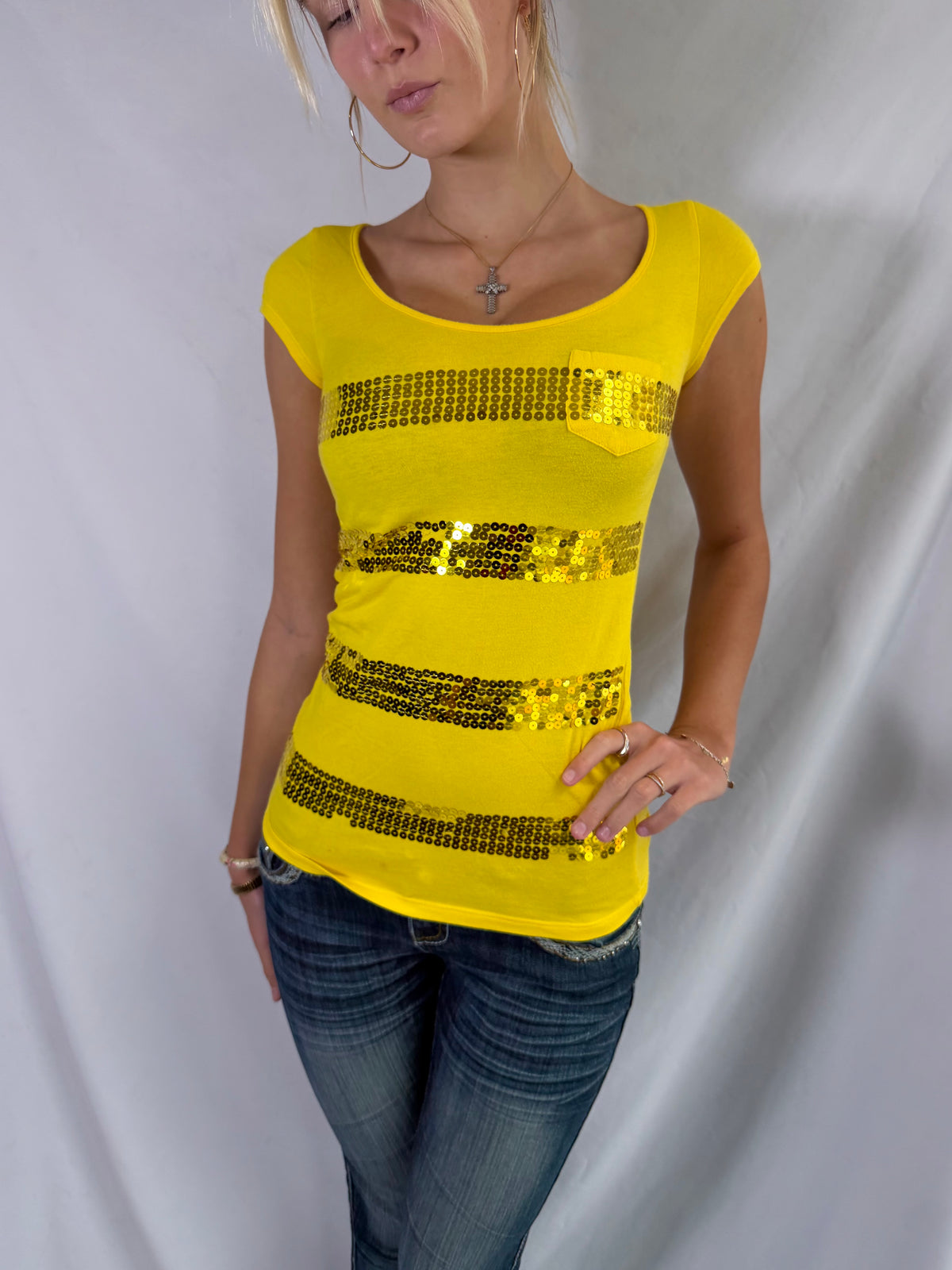 Vintage yellow sequin striped top