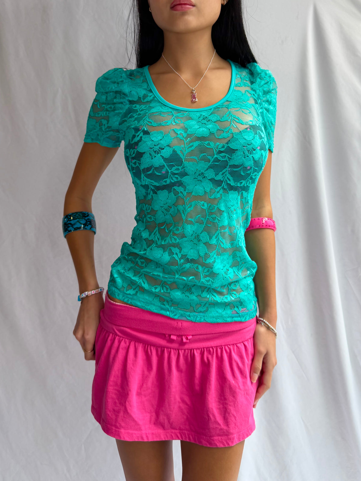Vintage teal sheer lace top