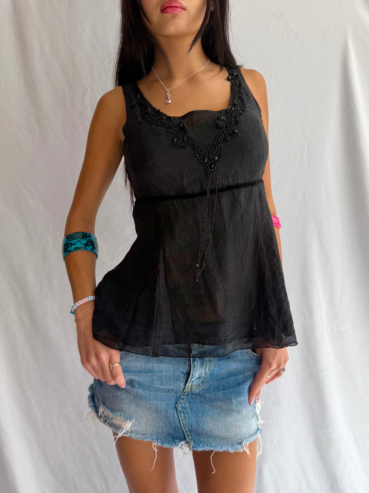 Vintage black embellished tank top