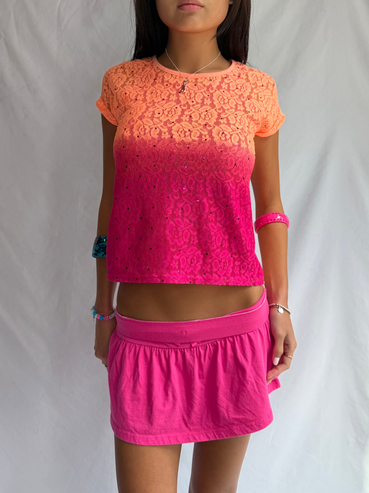 Vintage pink ombre lace baby tee