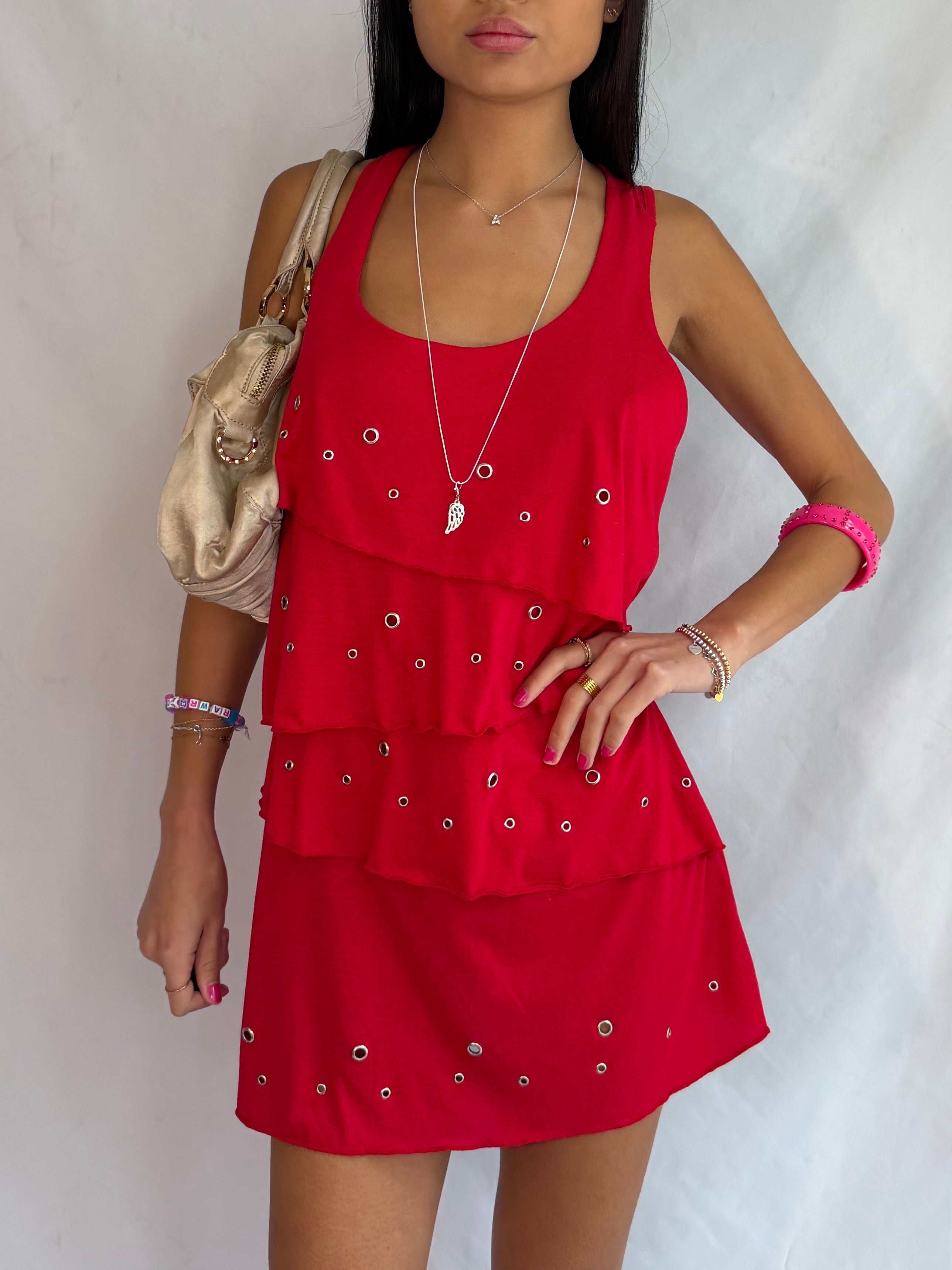 vintage red ruffle mini dress ⊹ ࣪ ˖