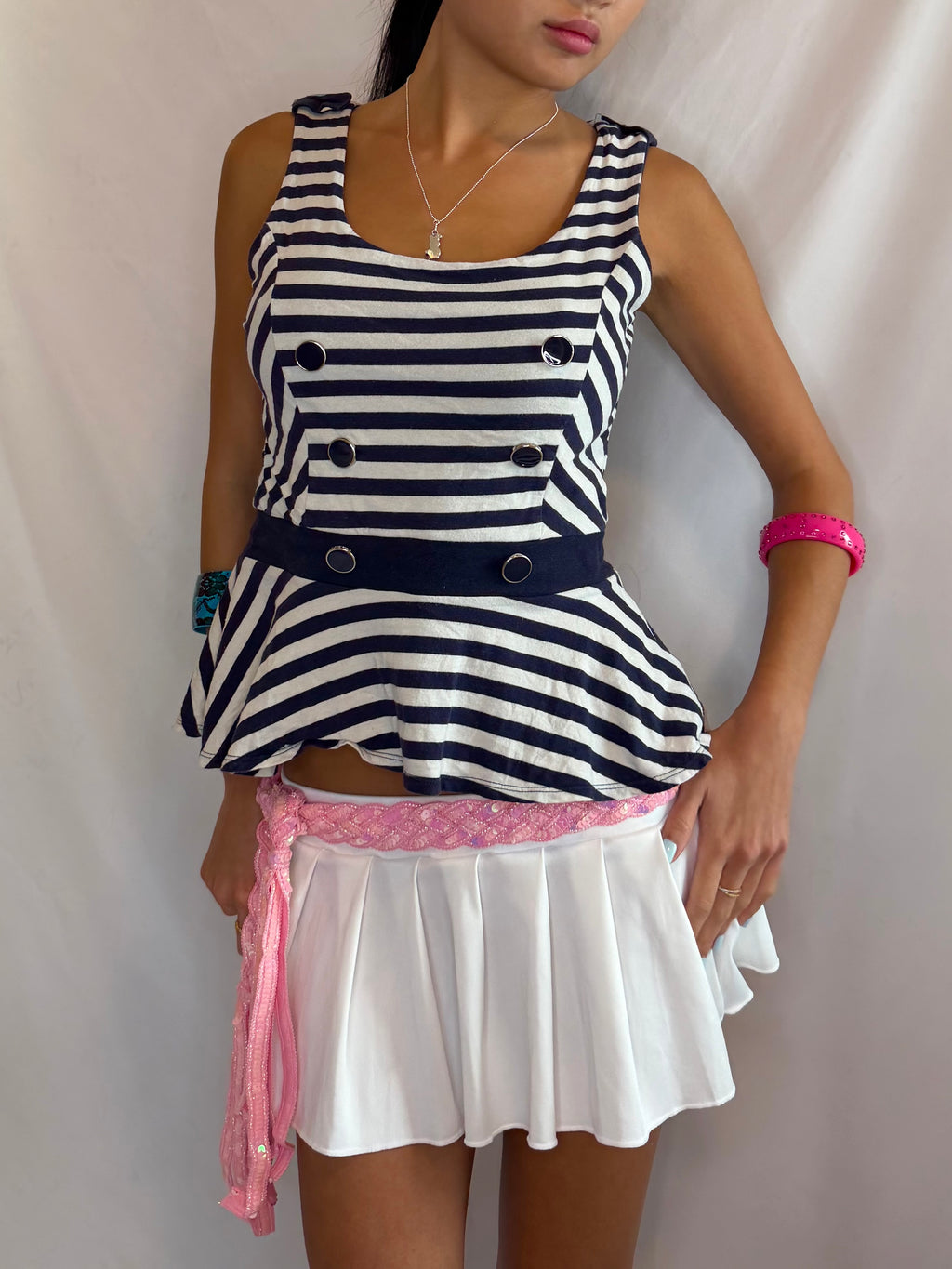 Vintage navy striped flare tank top