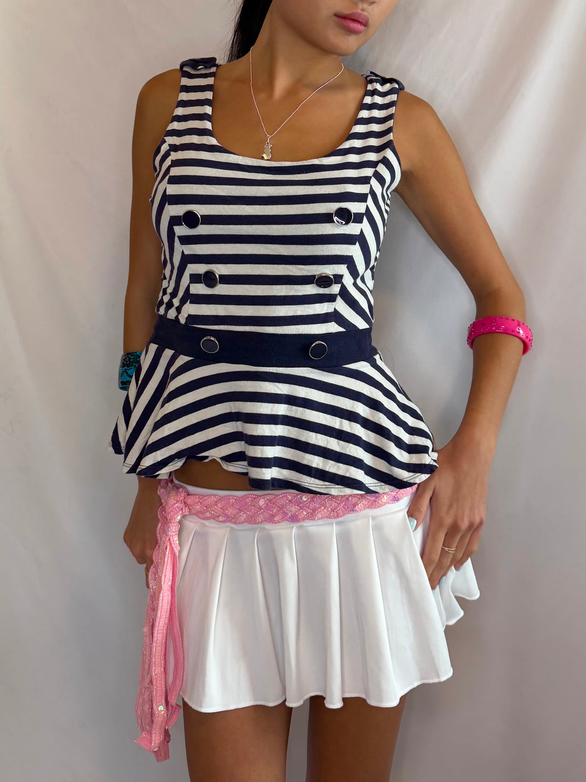 Vintage navy striped flare tank top