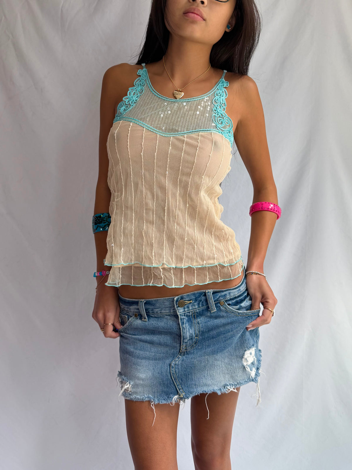 Vintage teal sequin tank top