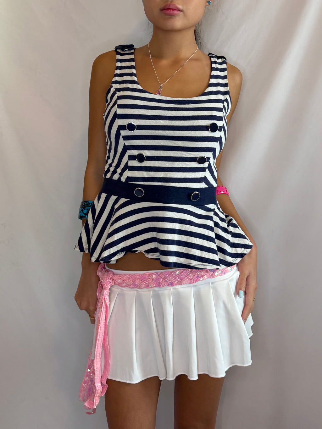 Vintage navy striped flare tank top