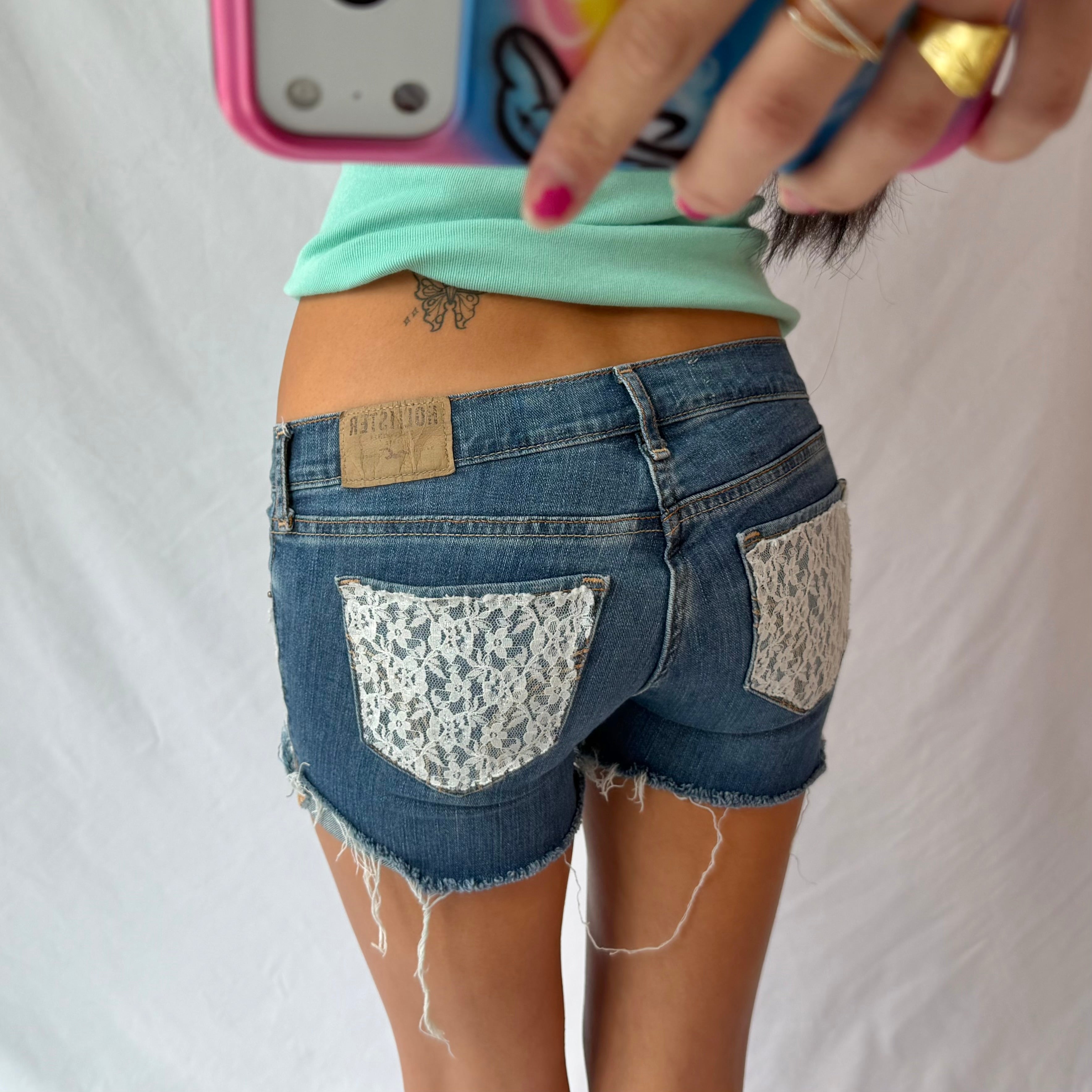 vintage lace low rise denim shorts ₊˚⊹⋆