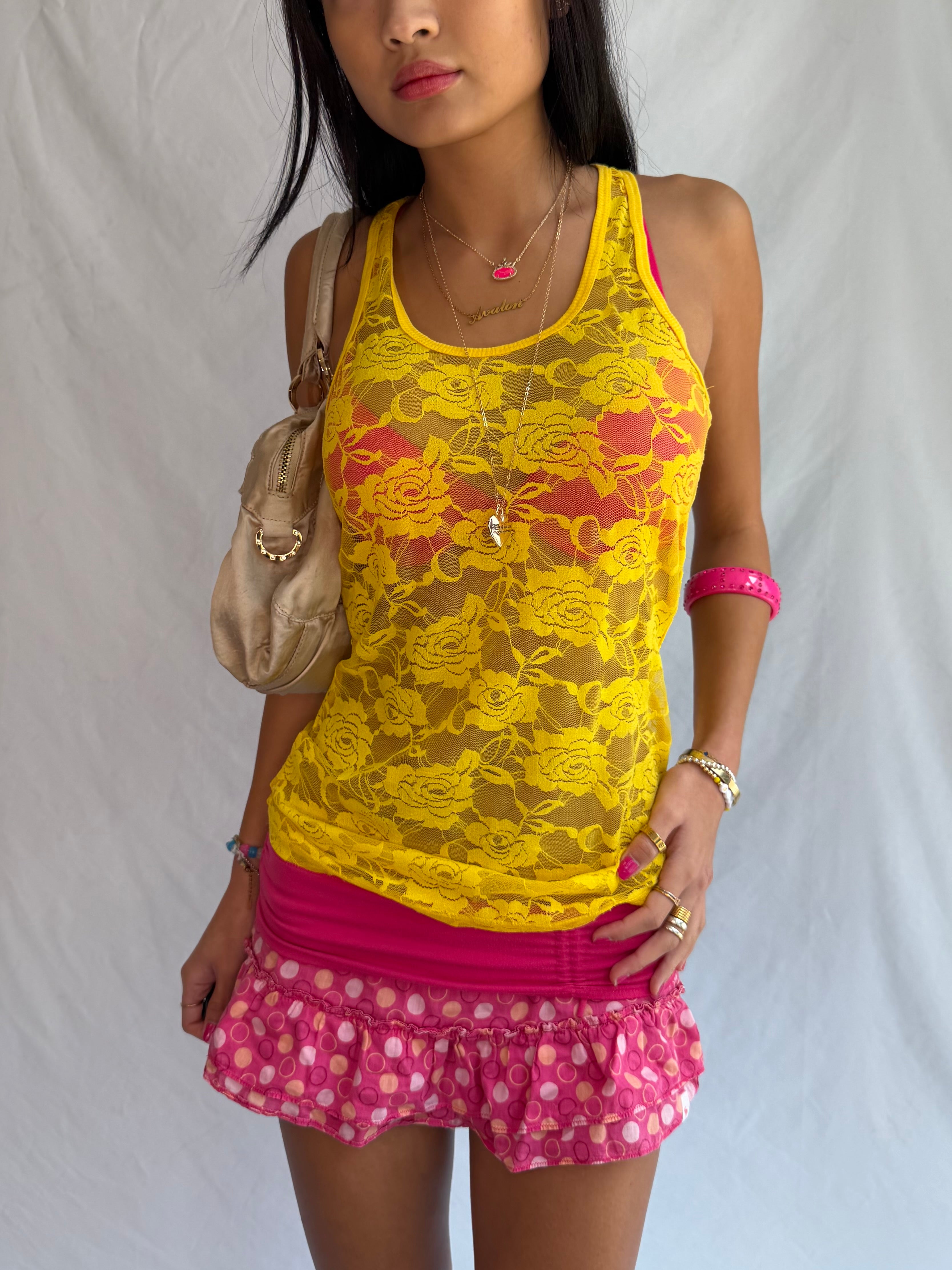 vintage yellow lace tank top .𖥔 ݁ ˖