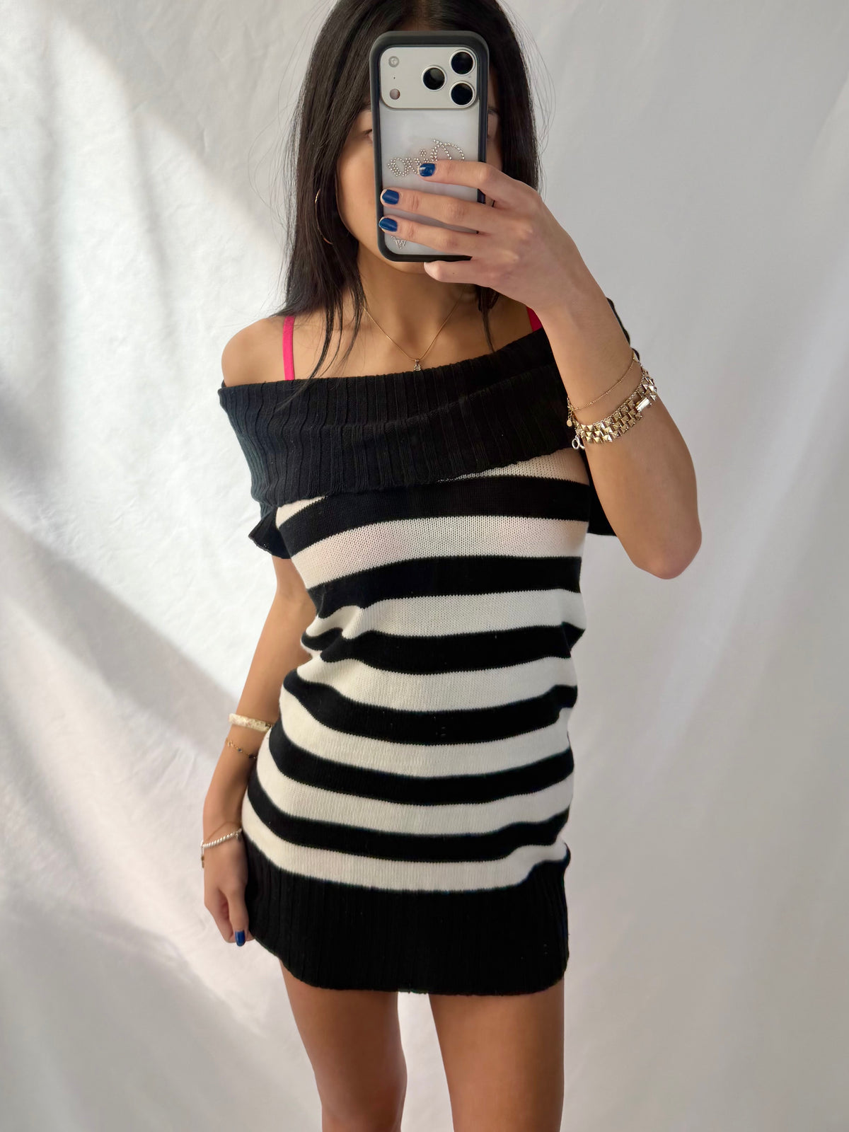 Vintage black & white striped sweater mini dress