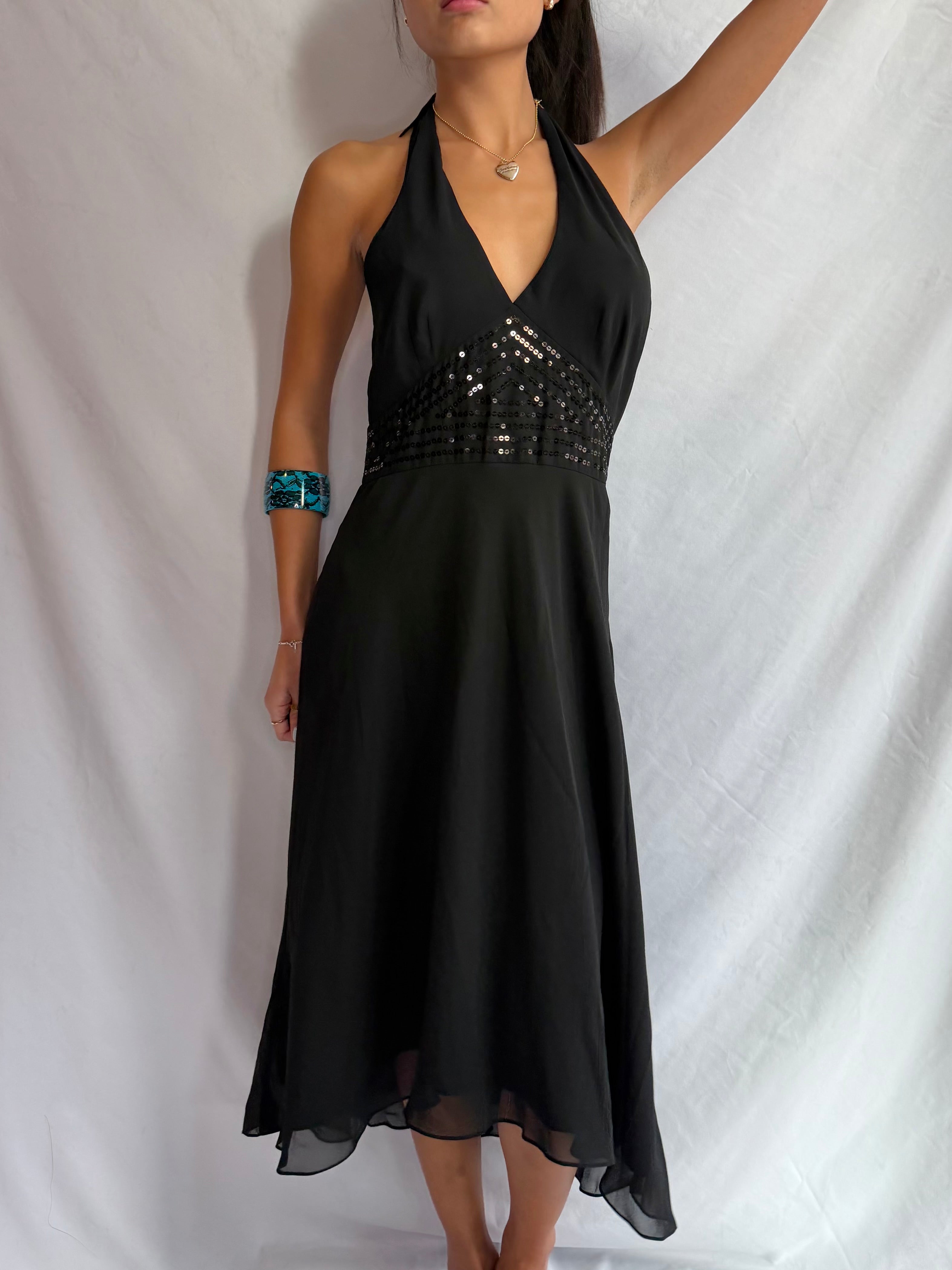 Vintage black sequin halter midi dress