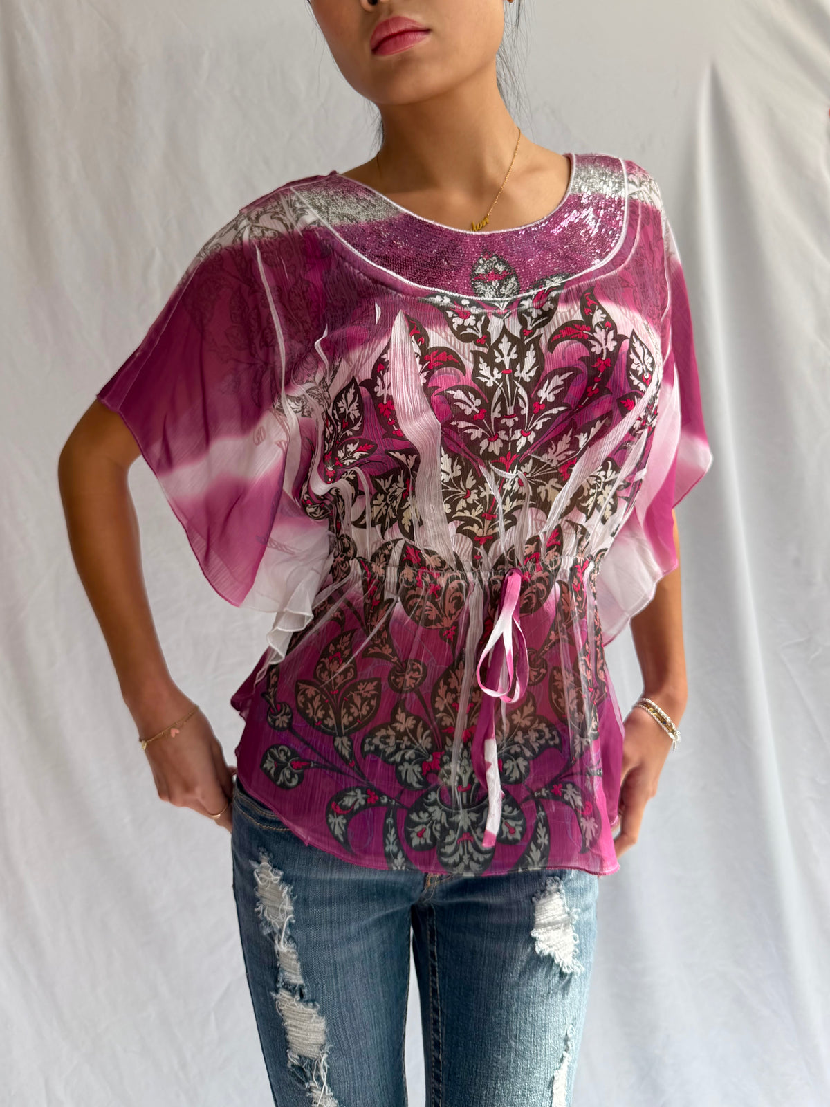 Vintage pink floral sequin top