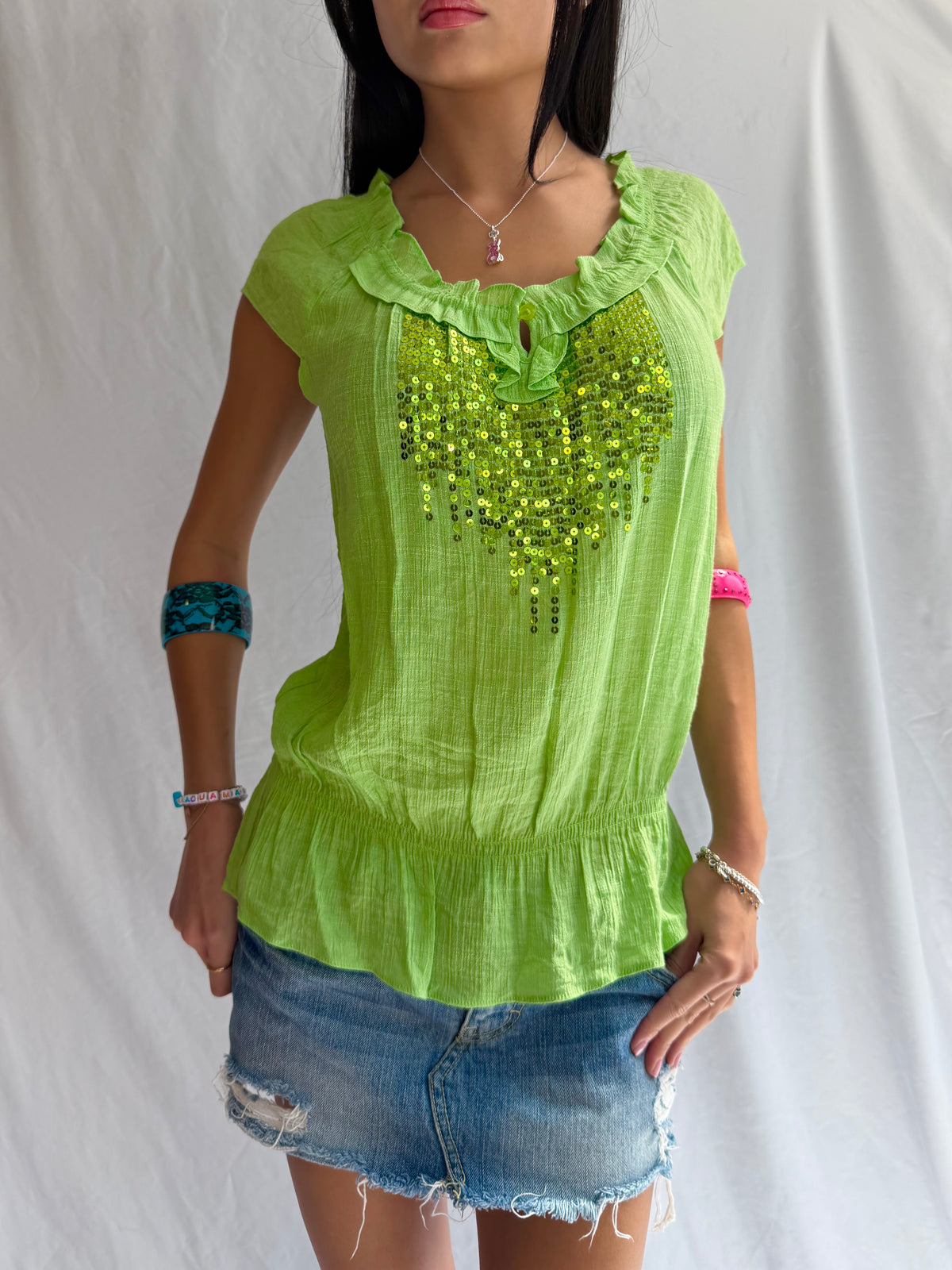 Vintage green sequin ruffle top