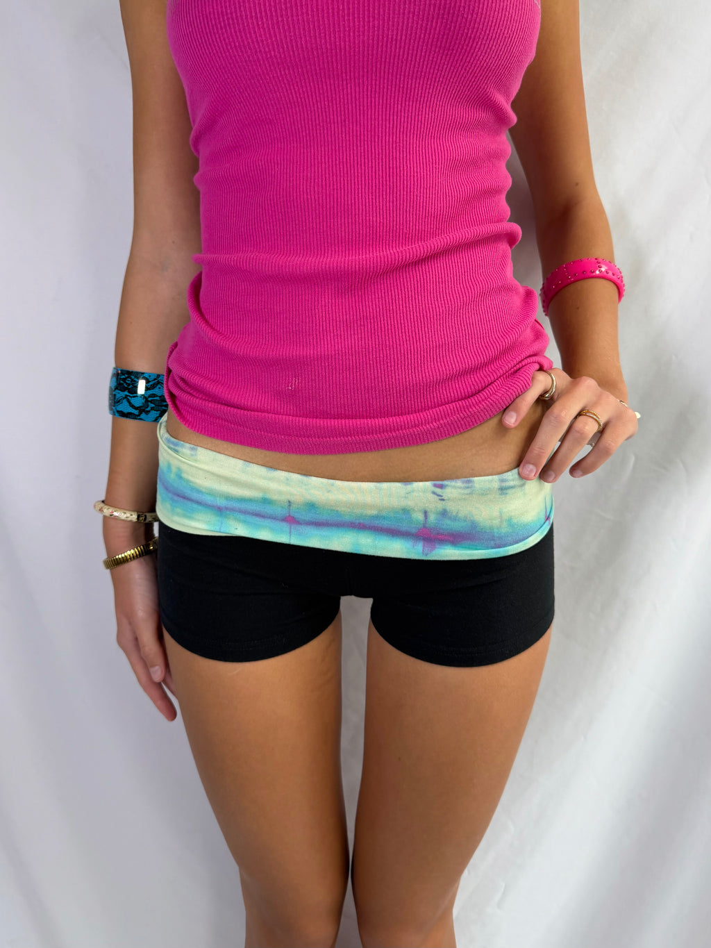Vintage tie dye foldover yoga shorts