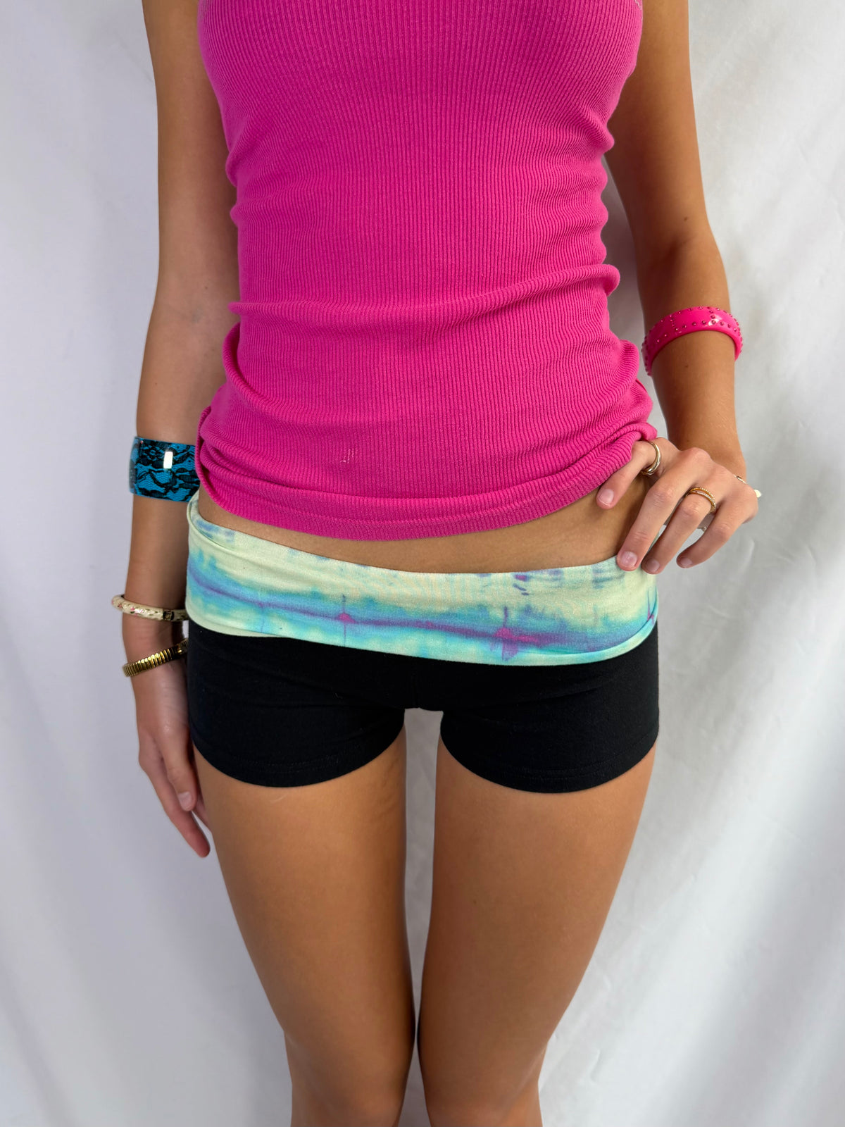 Vintage tie dye foldover yoga shorts