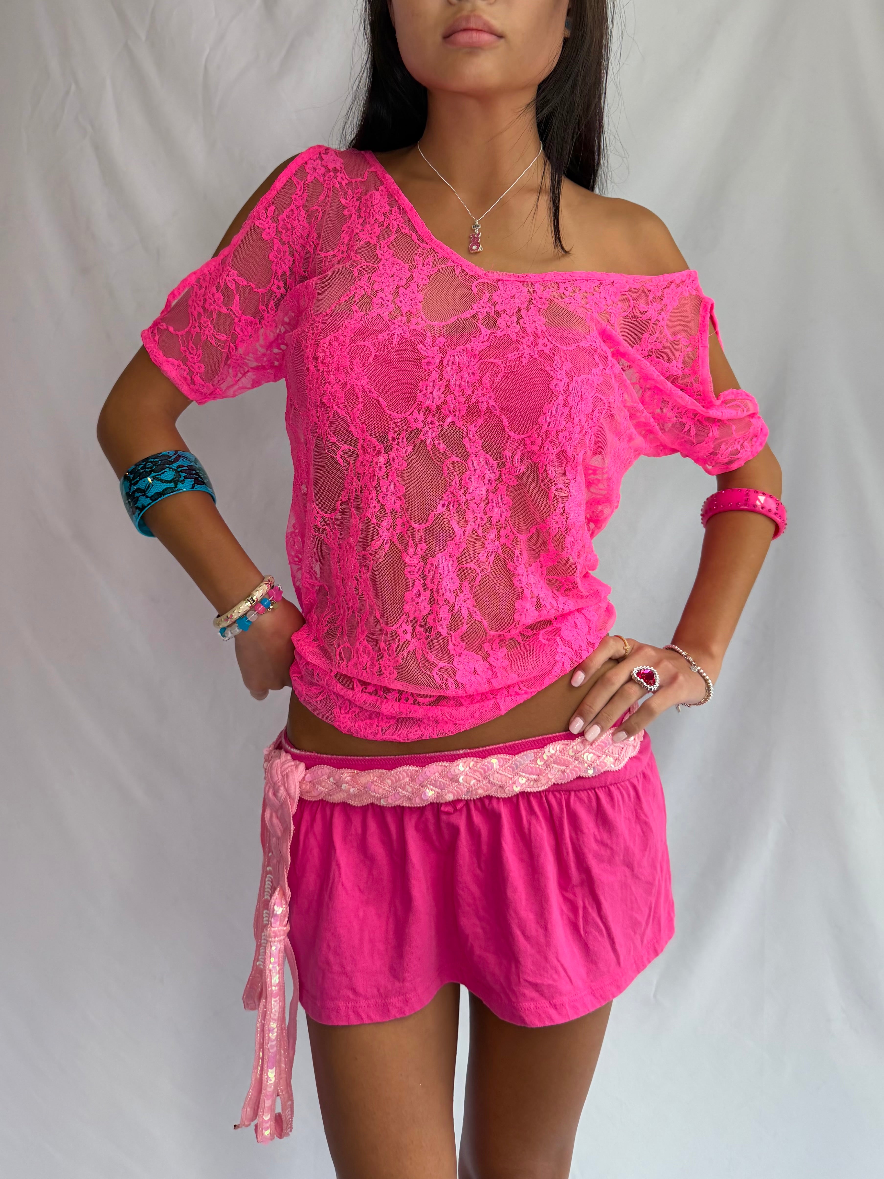 Vintage hot pink lace off the shoulder top