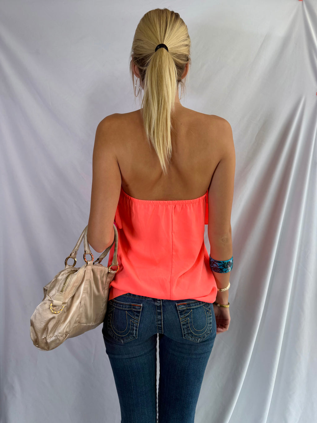 Vintage neon strapless ruffle top
