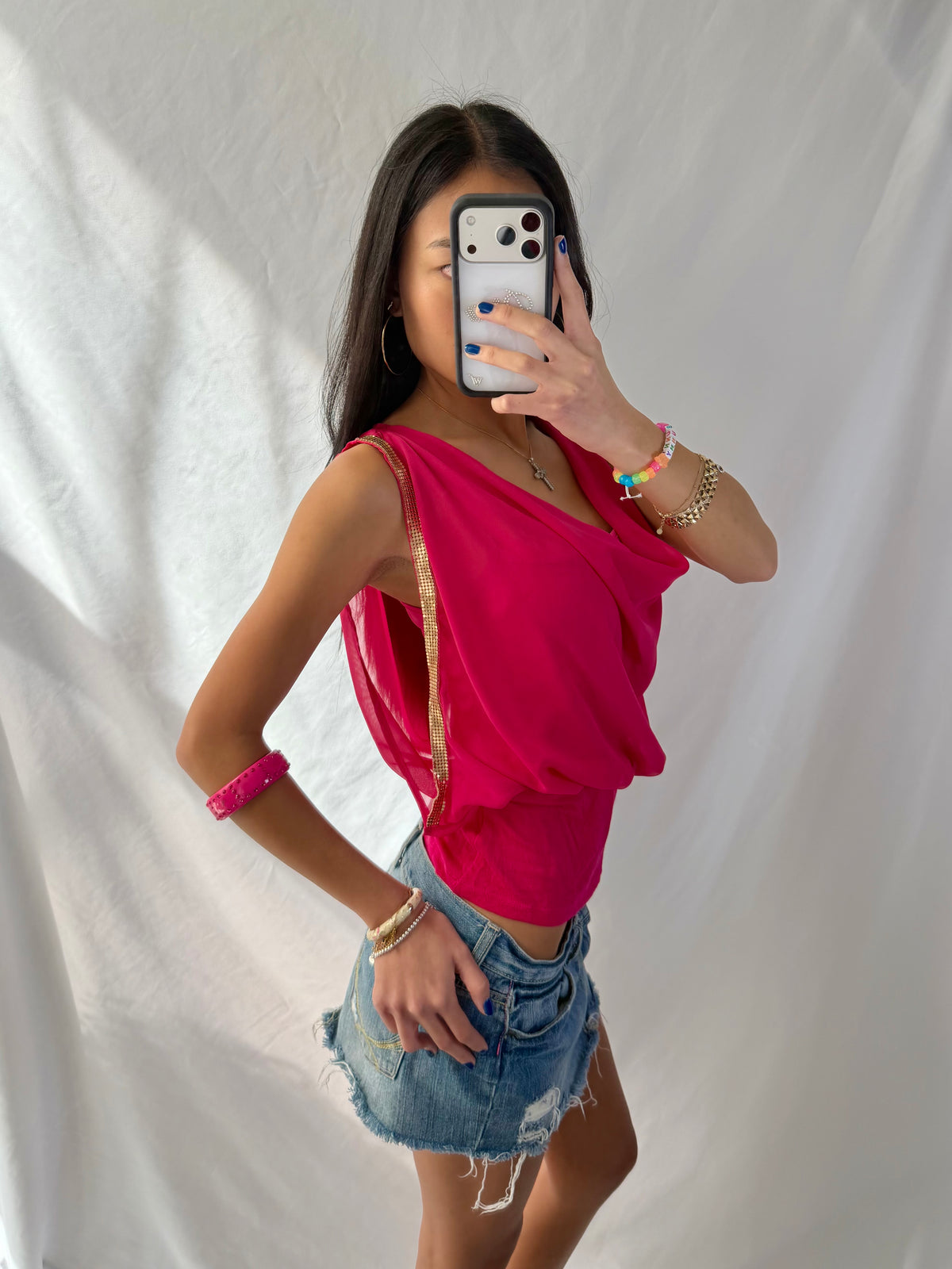 Vintage pink & gold draped top