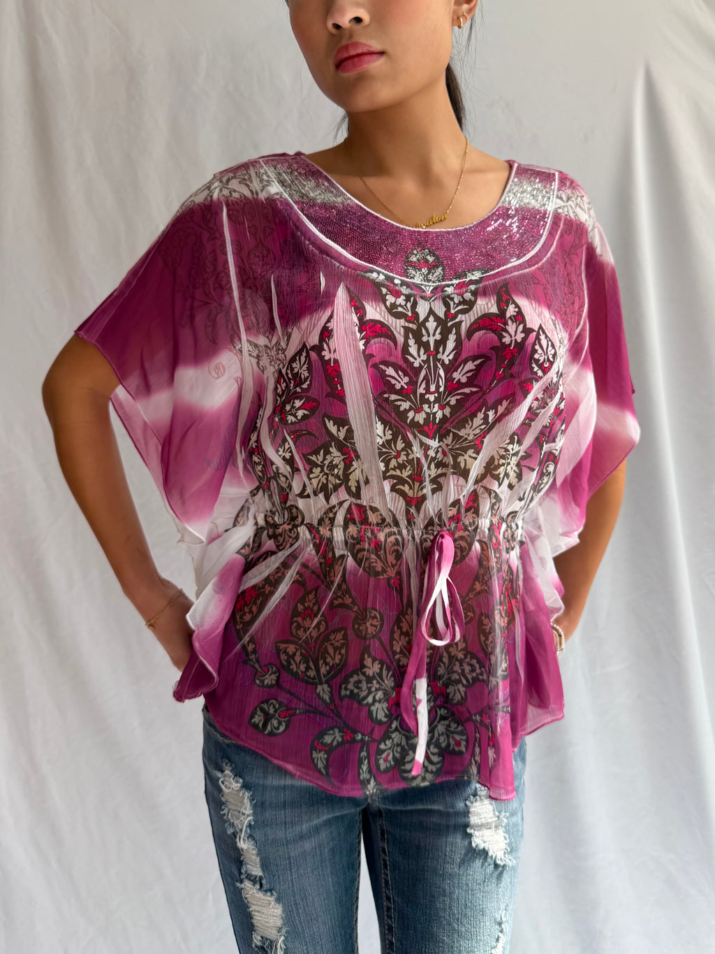 Vintage pink floral sequin top