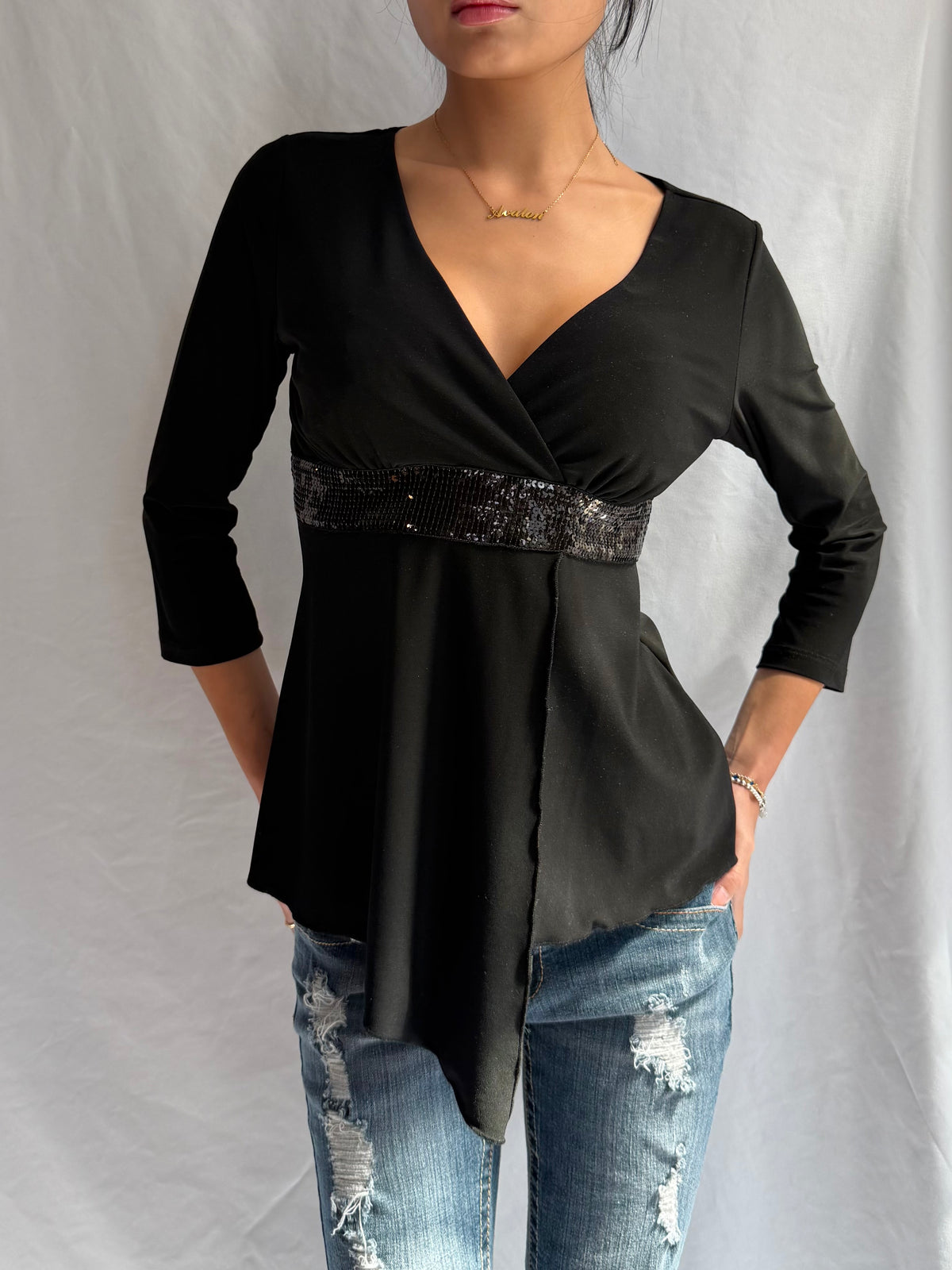 Vintage black sequin long sleeve top