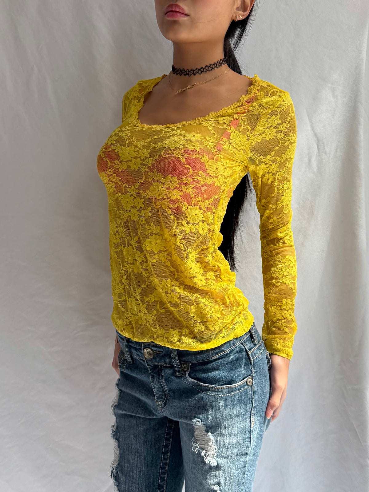 Vintage yellow lace long sleeve top