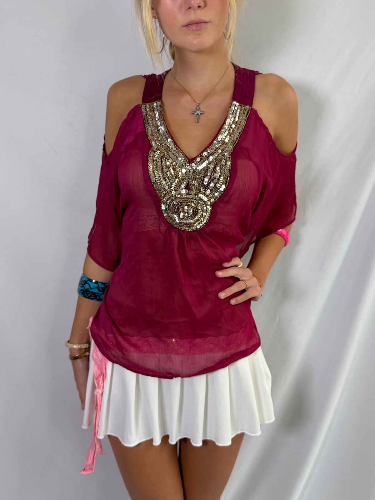 Vintage maroon sheer beaded top