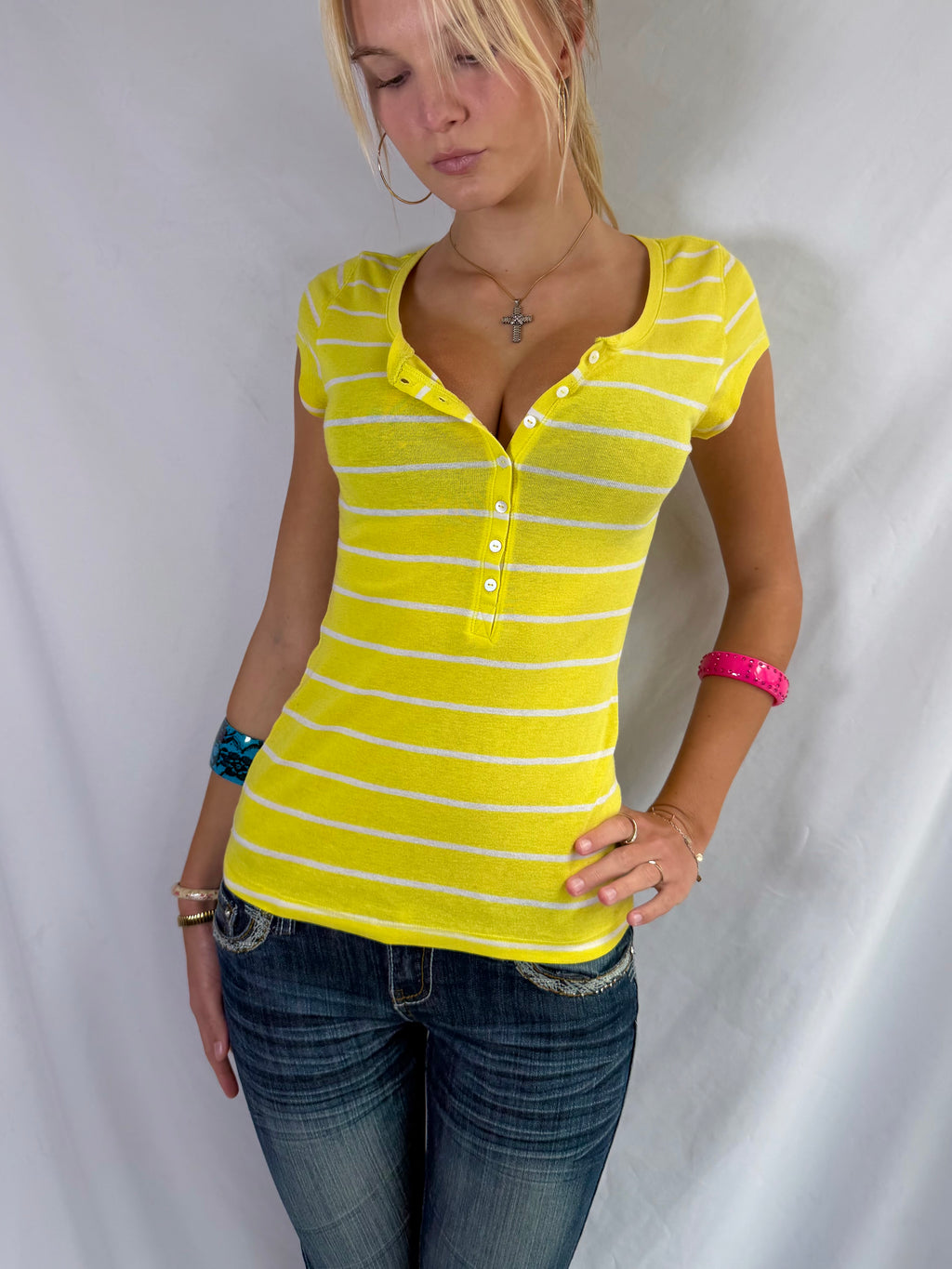 Vintage yellow striped button top