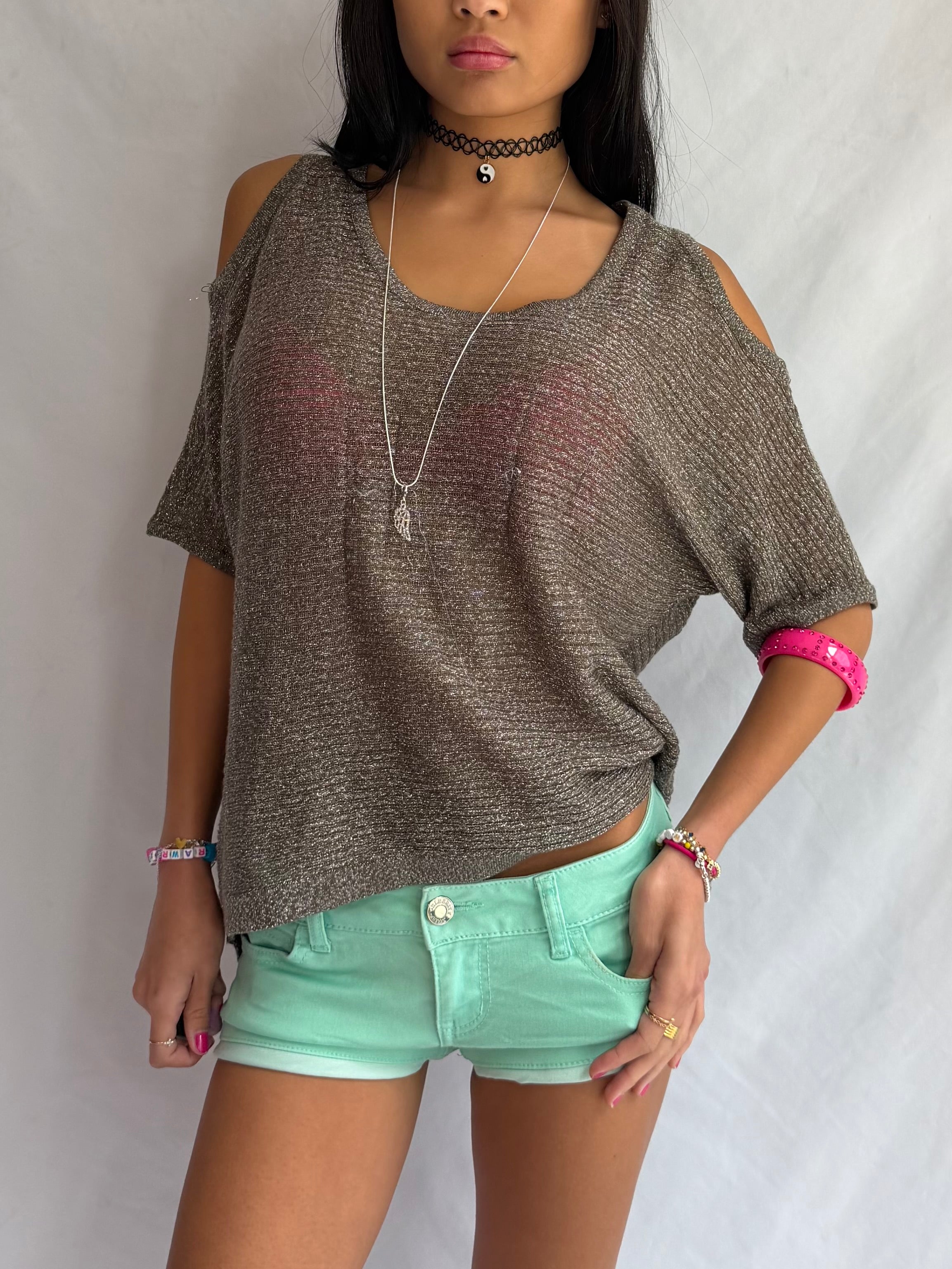 vintage metallic off the shoulder top .𖥔 ݁ ˖