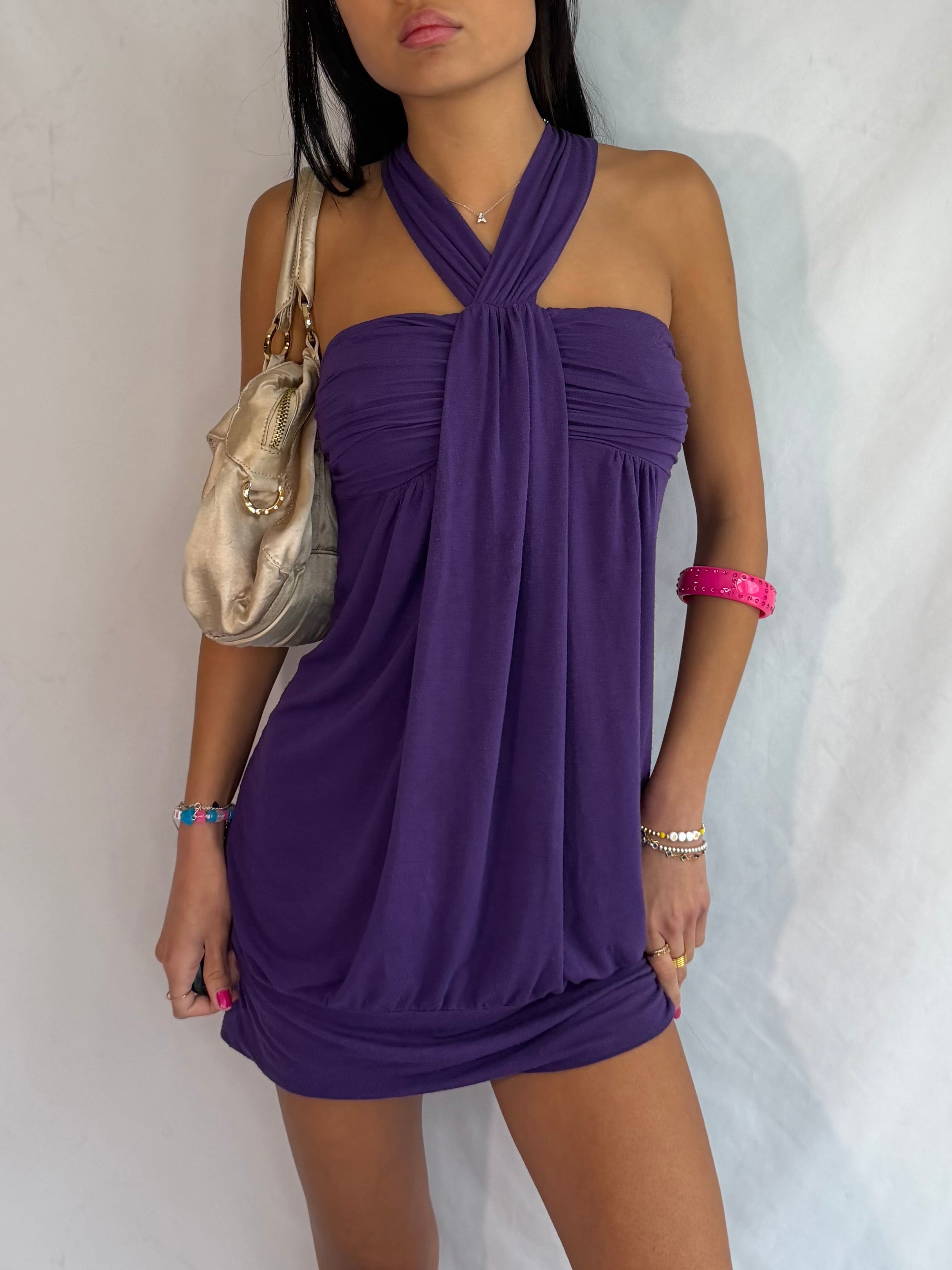 vintage purple halter mini dress .𖥔 ݁ ˖