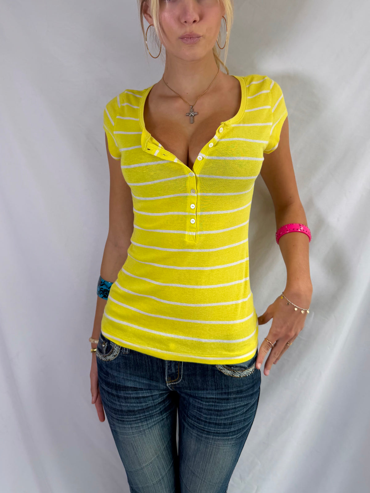 Vintage yellow striped button top