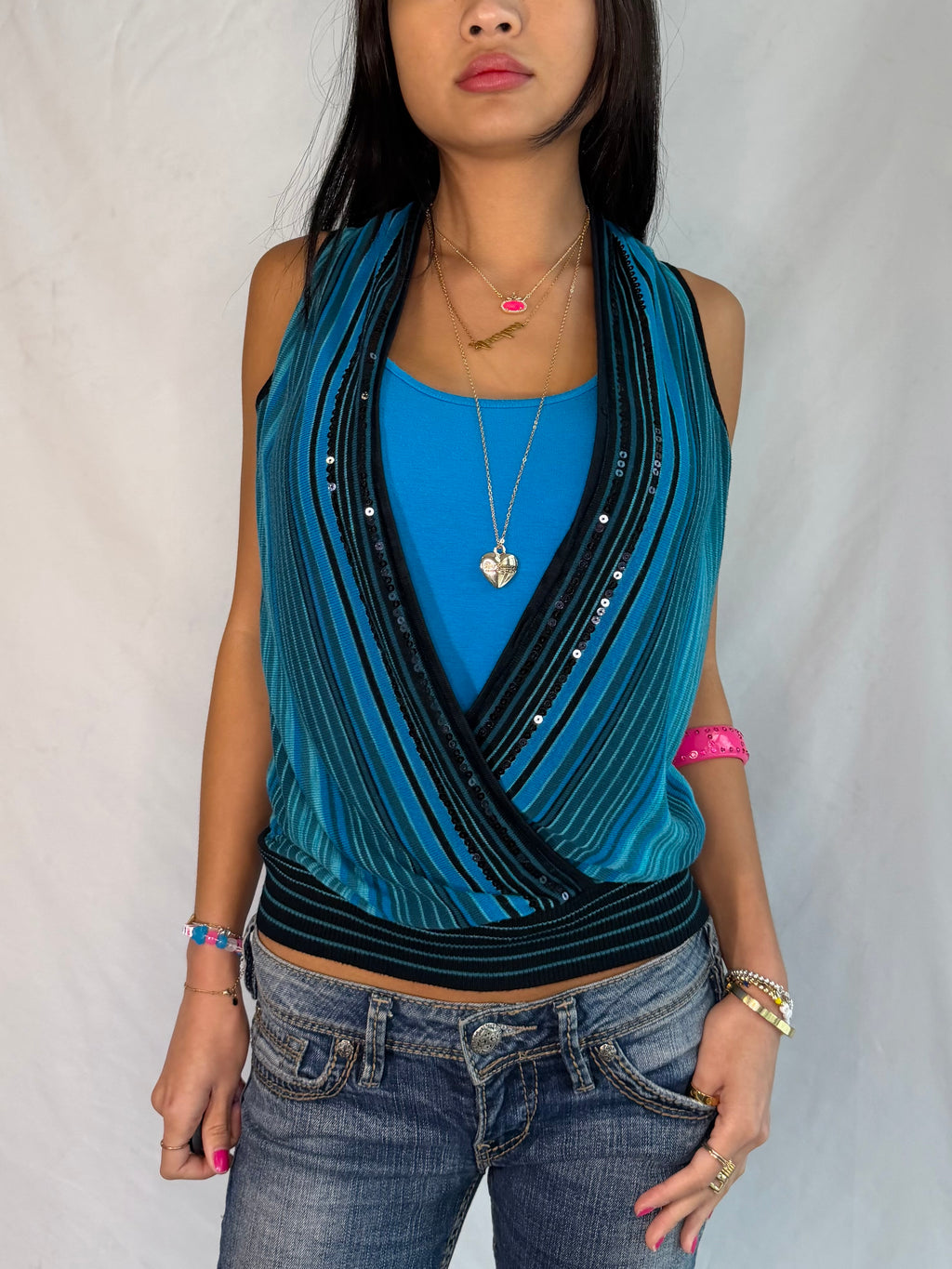 vintage blue sequin low neck top ˚˖𓍢ִ໋❀
