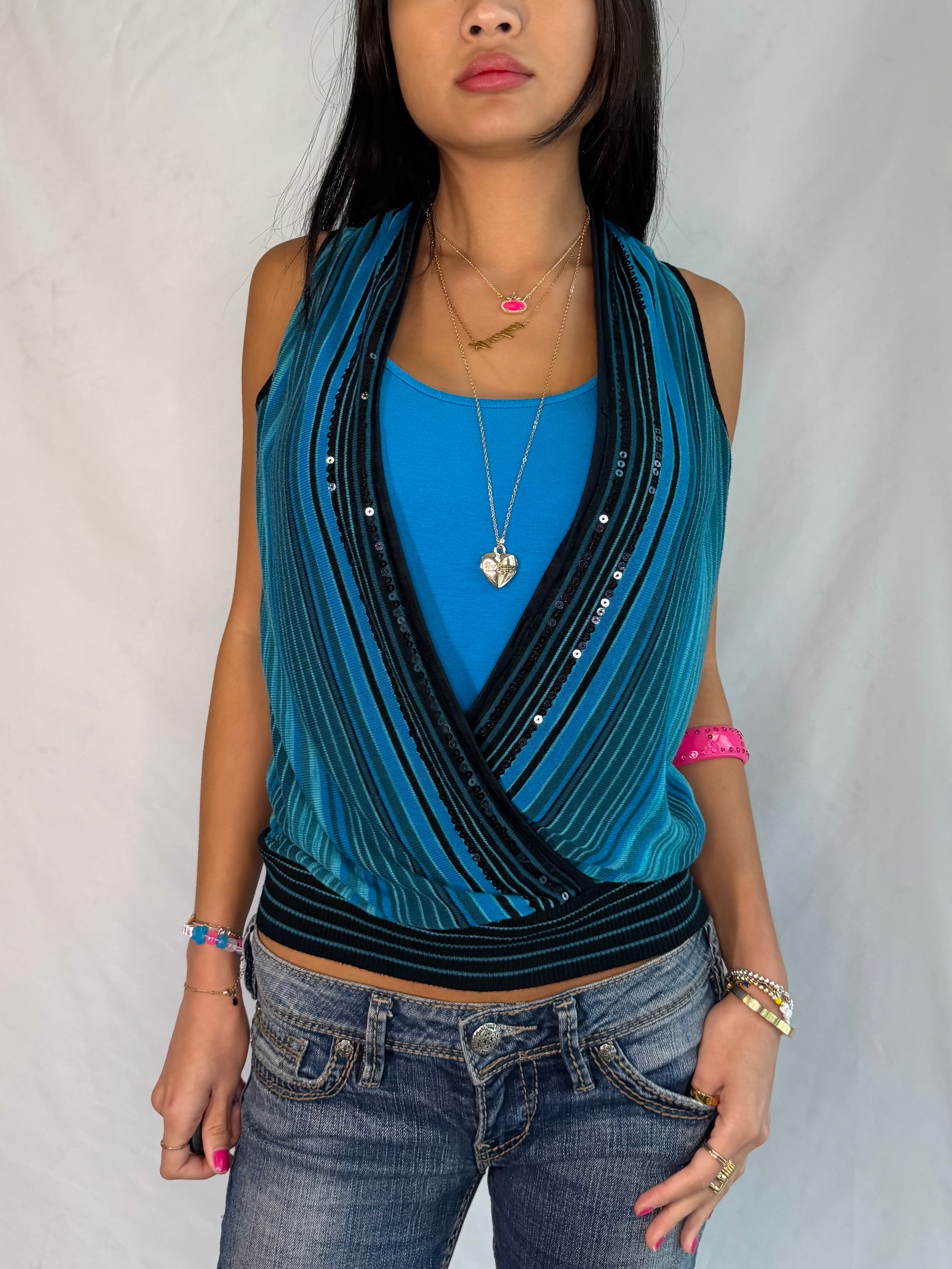 vintage blue sequin low neck top ˚˖𓍢ִ໋❀