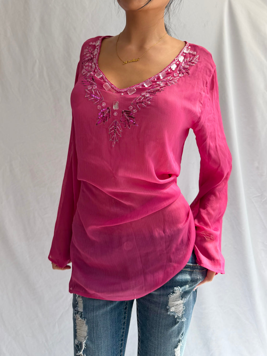 Vintage sheer pink embellished mini dress top