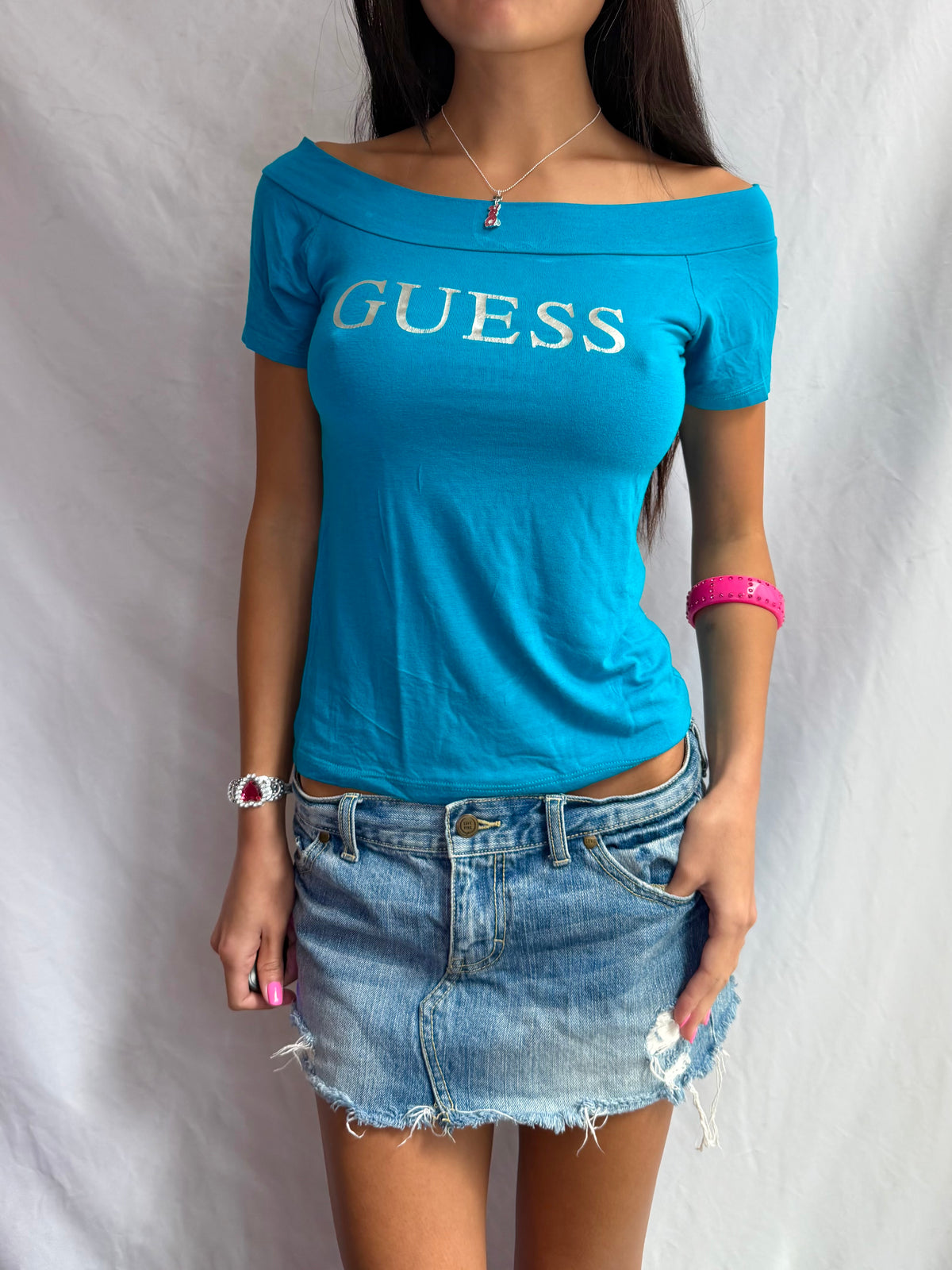 Vintage Guess teal off the shoulder top