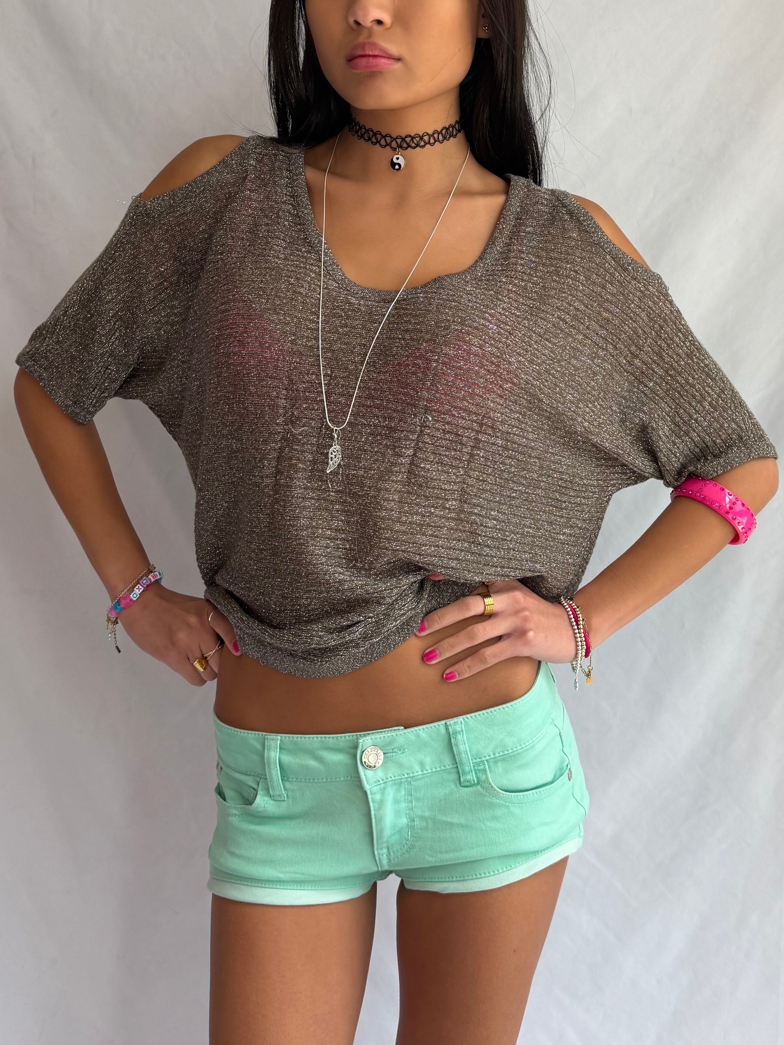 vintage metallic off the shoulder top .𖥔 ݁ ˖