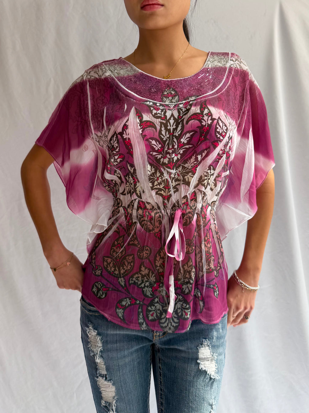 Vintage pink floral sequin top