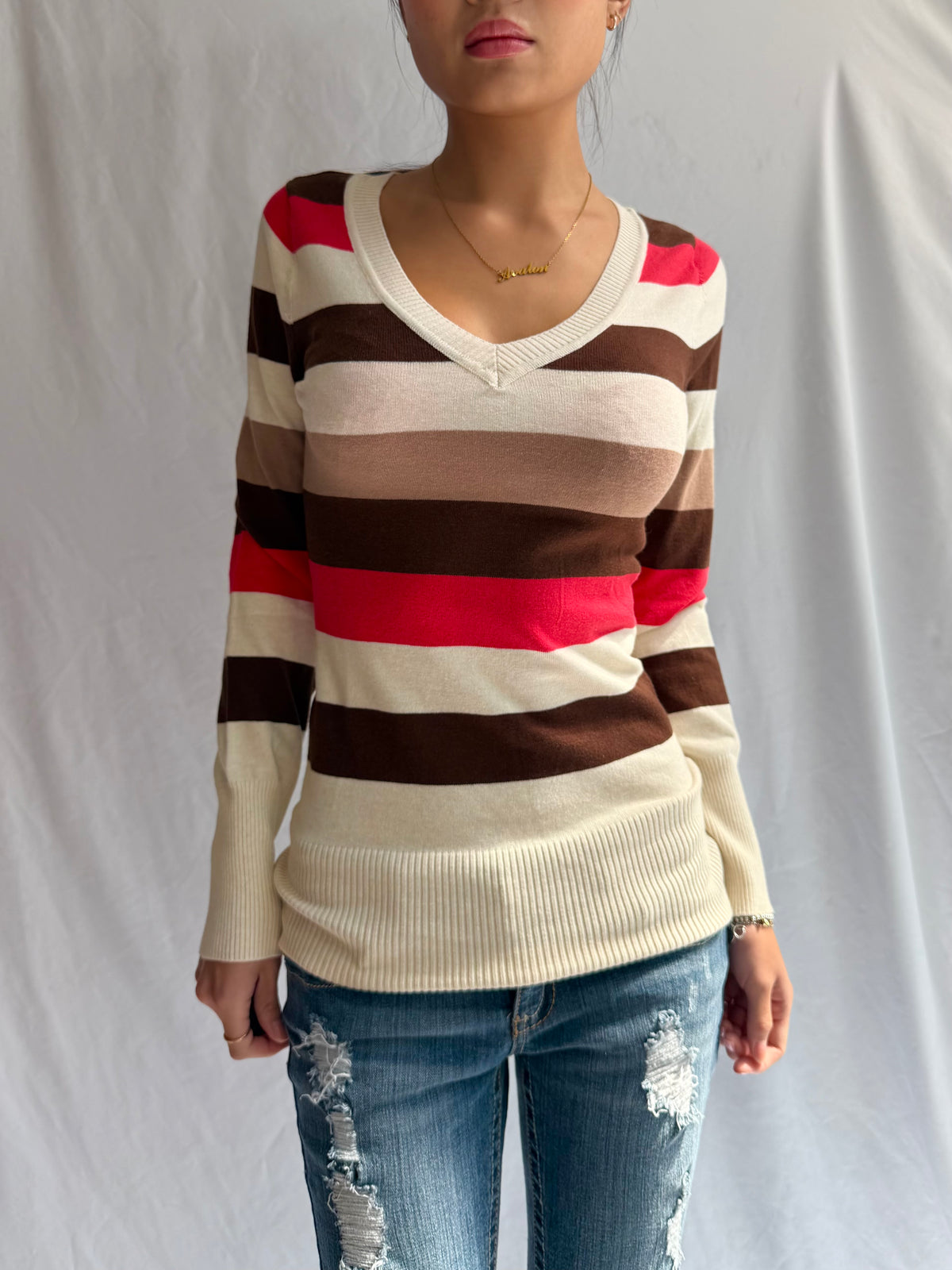 Vintage brown striped fitted sweater