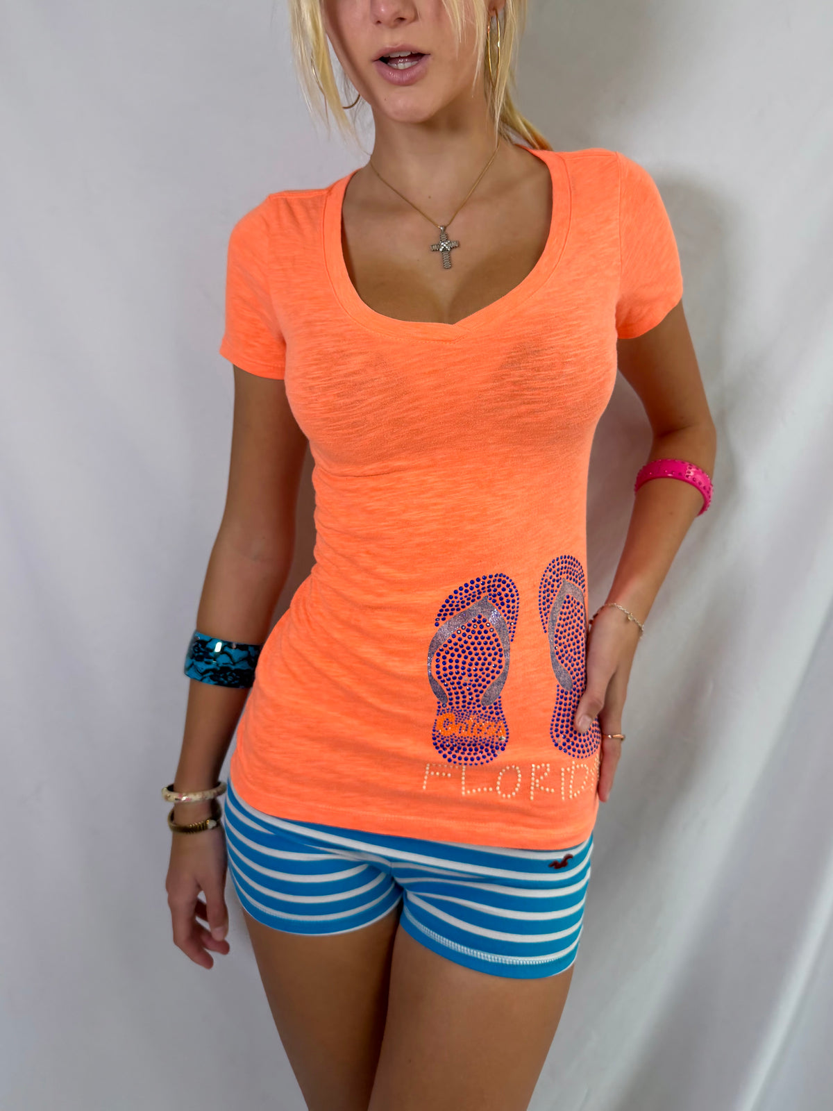 Vintage orange rhinestone v neck top