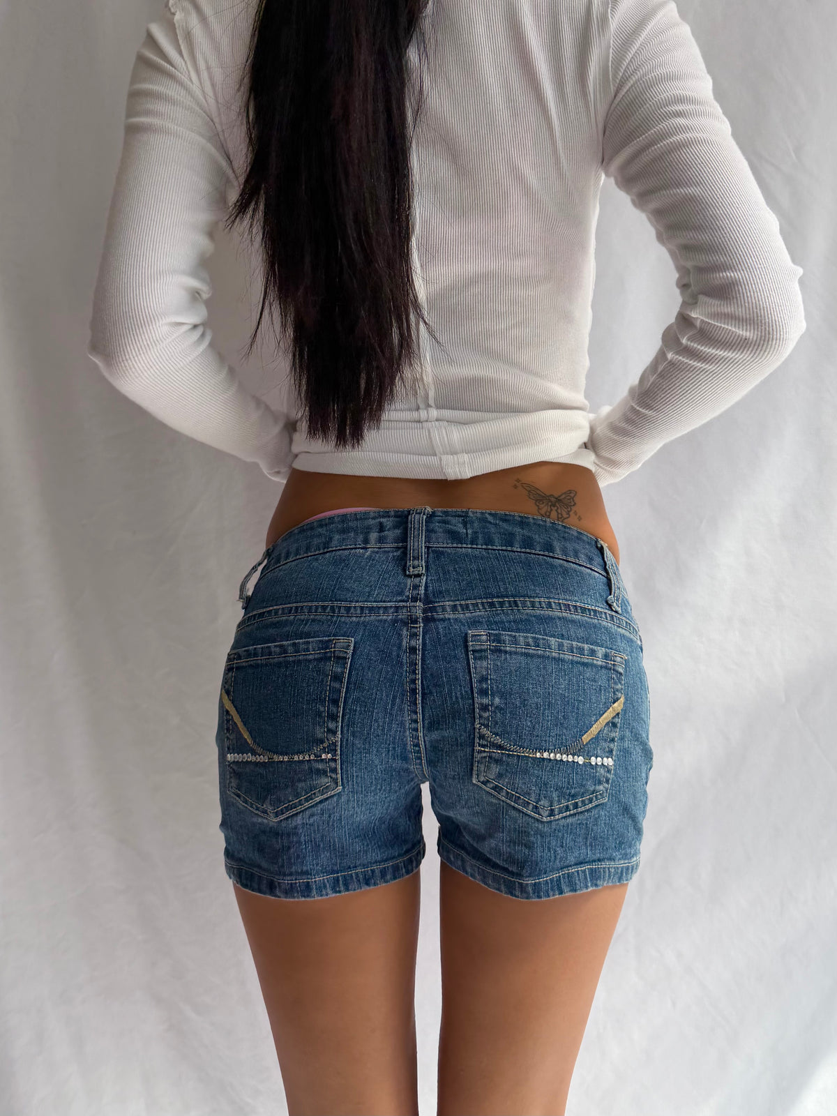Vintage low rise rhinestone denim shorts