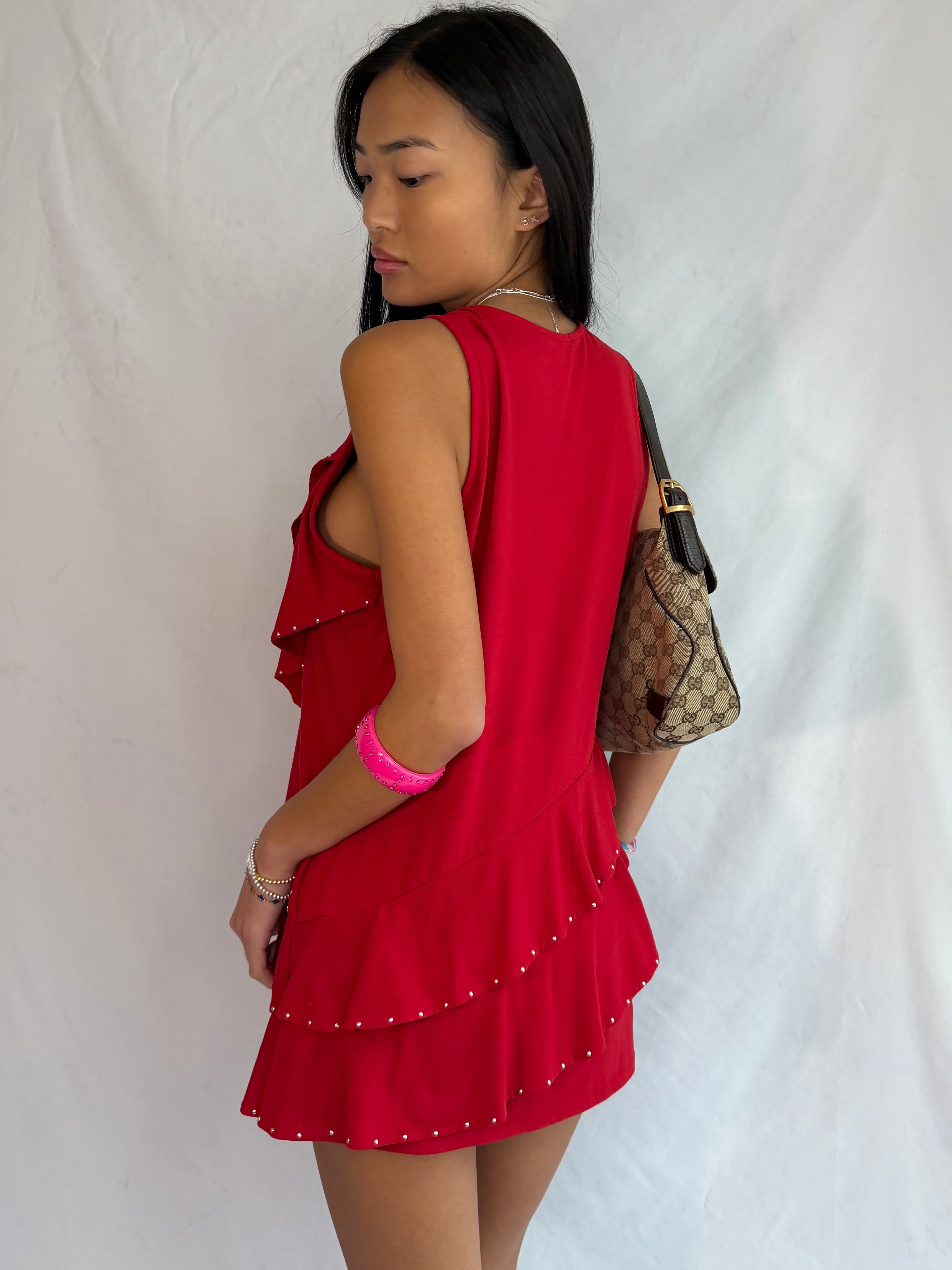 vintage red ruffle mini dress .𖥔 ݁ ˖