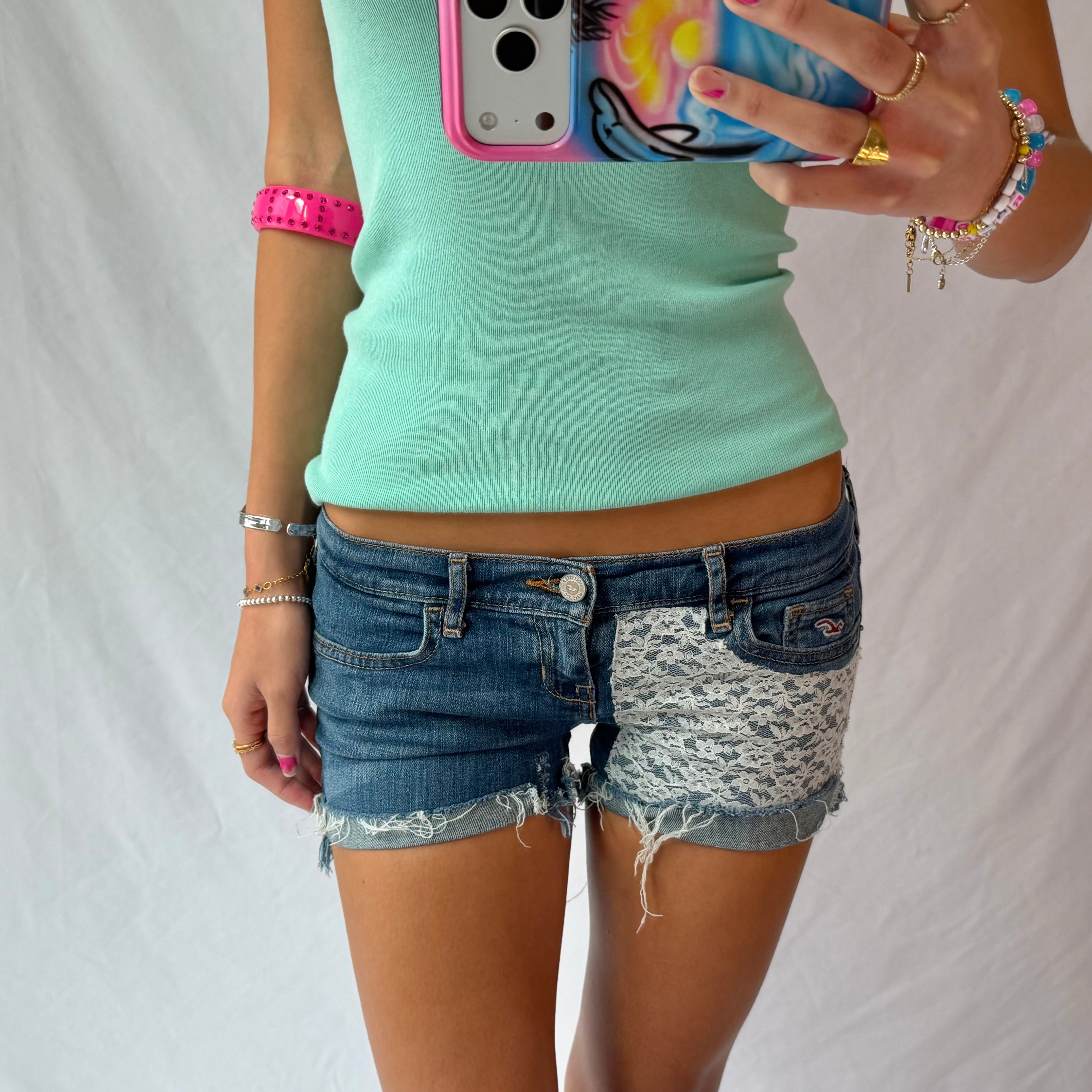 vintage lace low rise denim shorts ₊˚⊹⋆