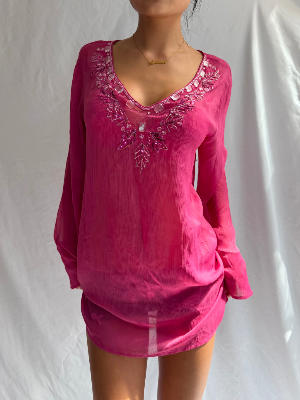 Vintage sheer pink embellished mini dress top